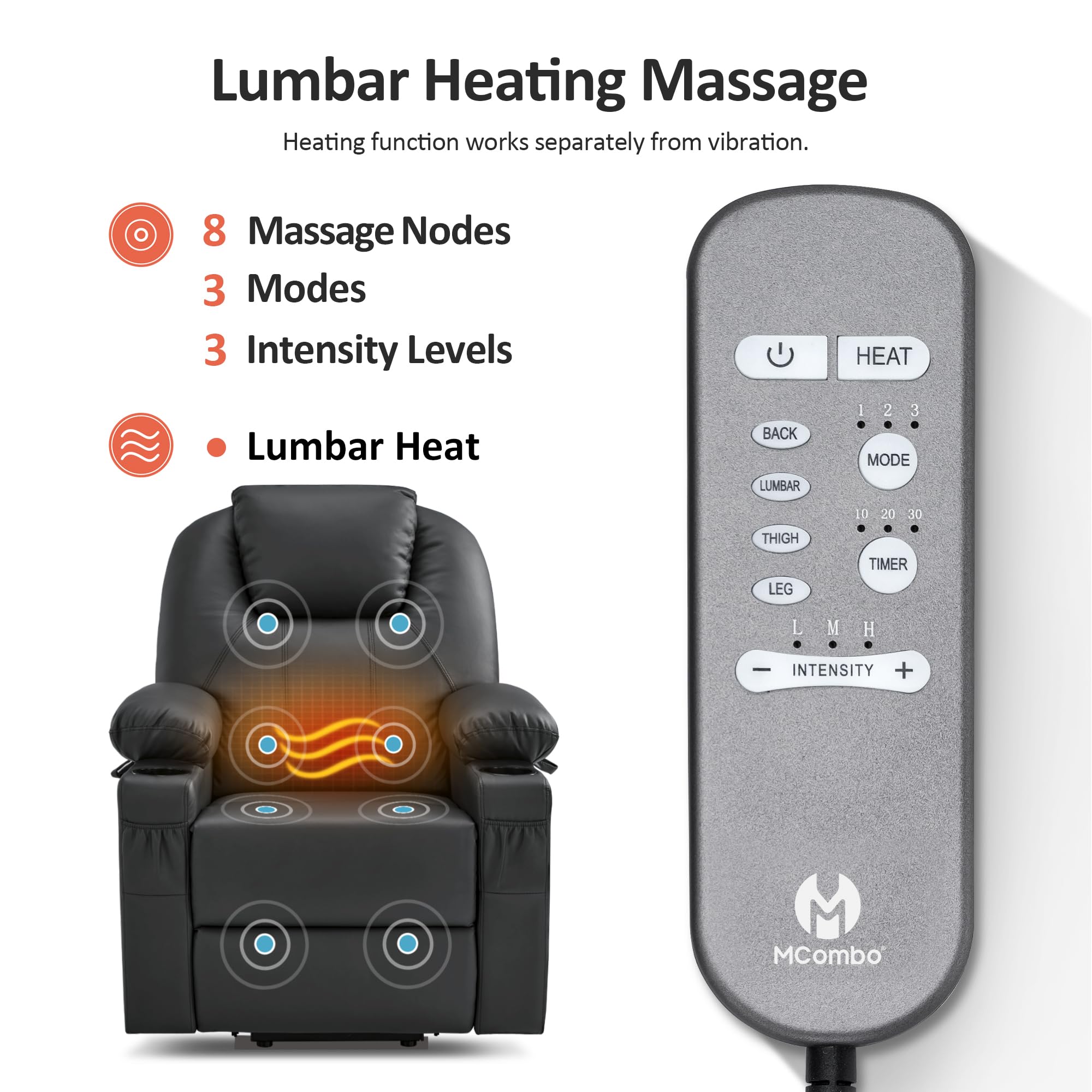 MCombo Electric Power Lift Recliner Chair Sofa with Massage and Heat for Elderly, 3 Positions, 2 Side Pockets, and Cup Holders, USB Ports, Faux Leather 7040 (Grey, Medium)