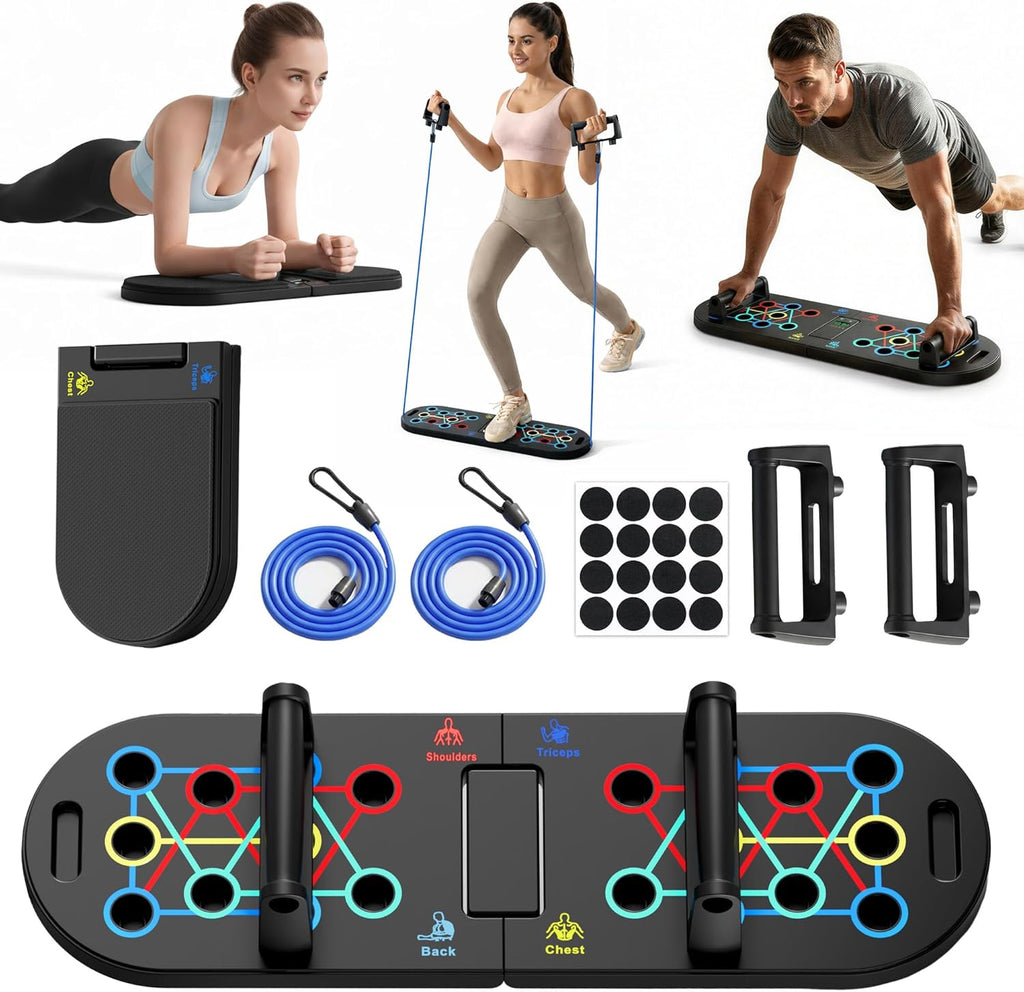 Plank Board & Push Up Board 22-in-1 with Resistance Bands – Core Trainer with Foam Elbow Pads, Foldable Home Gym Equipment for Men & Women