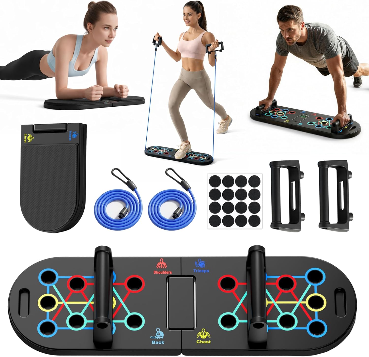 Plank Board & Push Up Board 22-in-1 with Resistance Bands – Core Trainer with Foam Elbow Pads, Foldable Home Gym Equipment for Men & Women