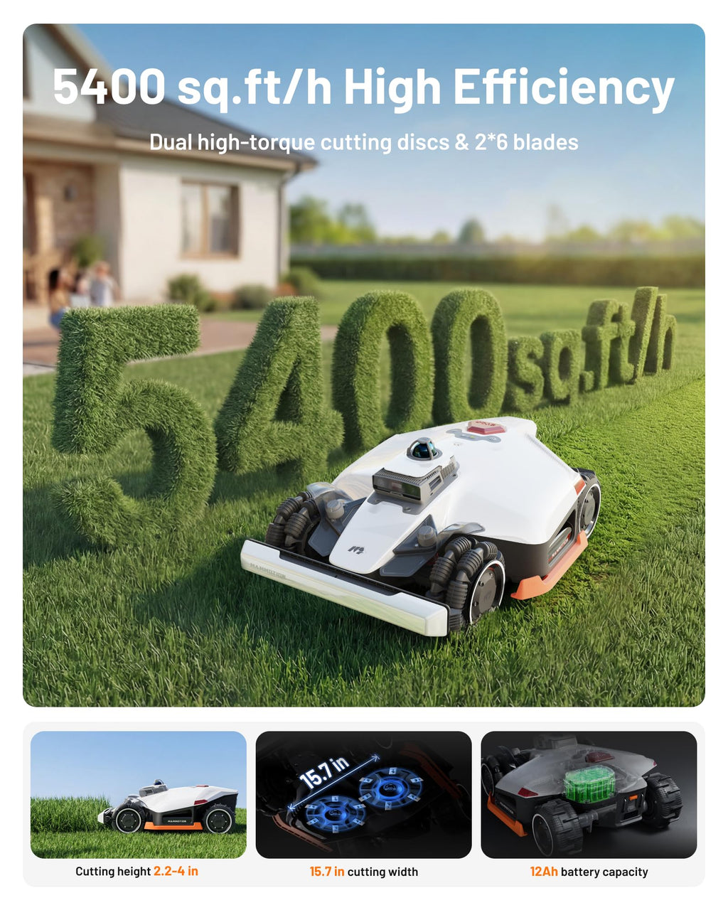 Mammotion LUBA 3 AWD 5000H Robot Lawn Mower for 1.25 Acres, 360° LiDAR+NetRTK+AI Vision Tri-Fusion Positioning, All-Wheel-Drive for 80% Slopes, 50 Multi-Zone Management, Cutting Height 2.2"-4.0"