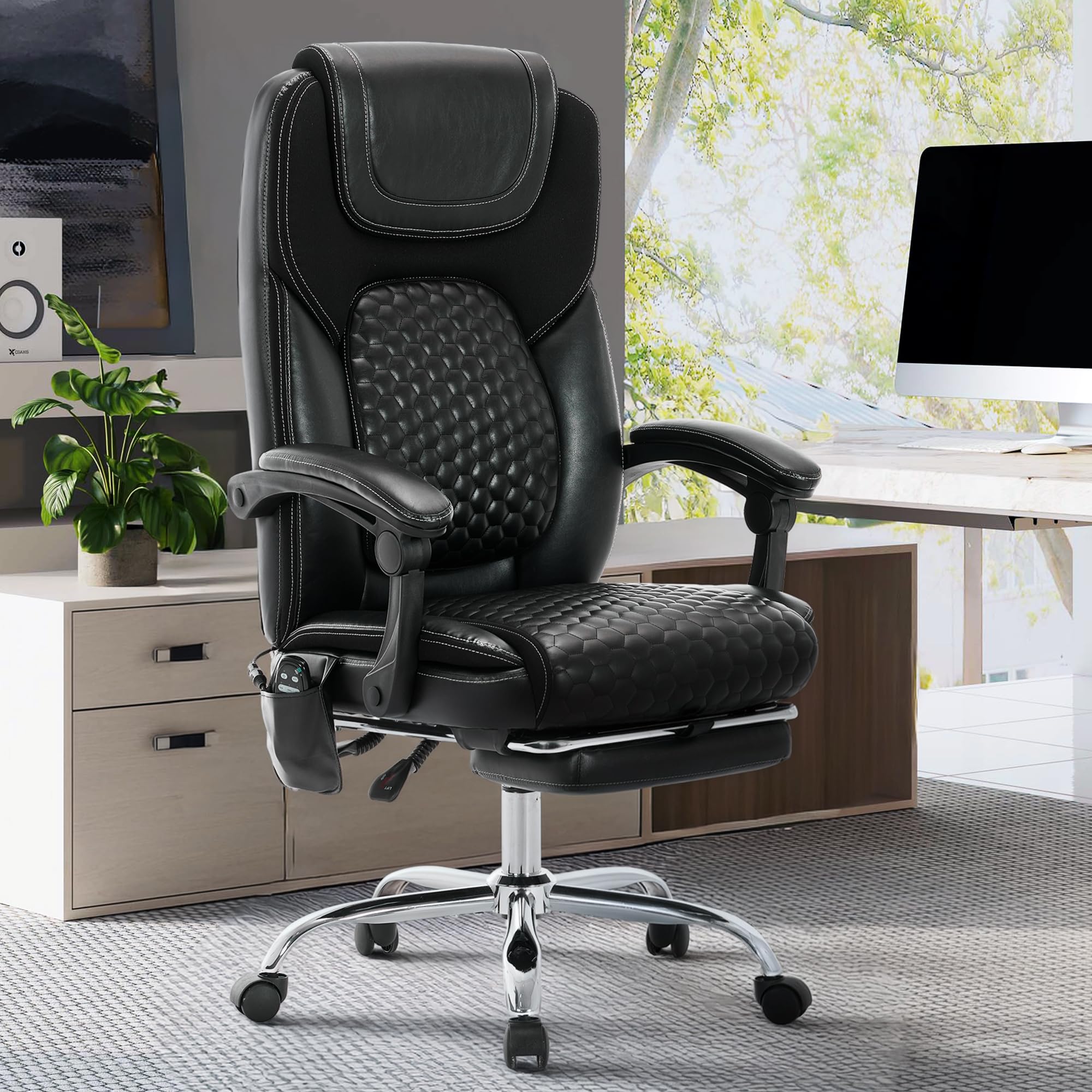 MALOL Massage Office Chair with Heat and Footrest - 3-Level 65°C Targeted Heating, 20-Min Easy Assembly Leather Desk Chair, Big and Tall Executive Computer Chair with Side Pocket, 300 lbs, Beige