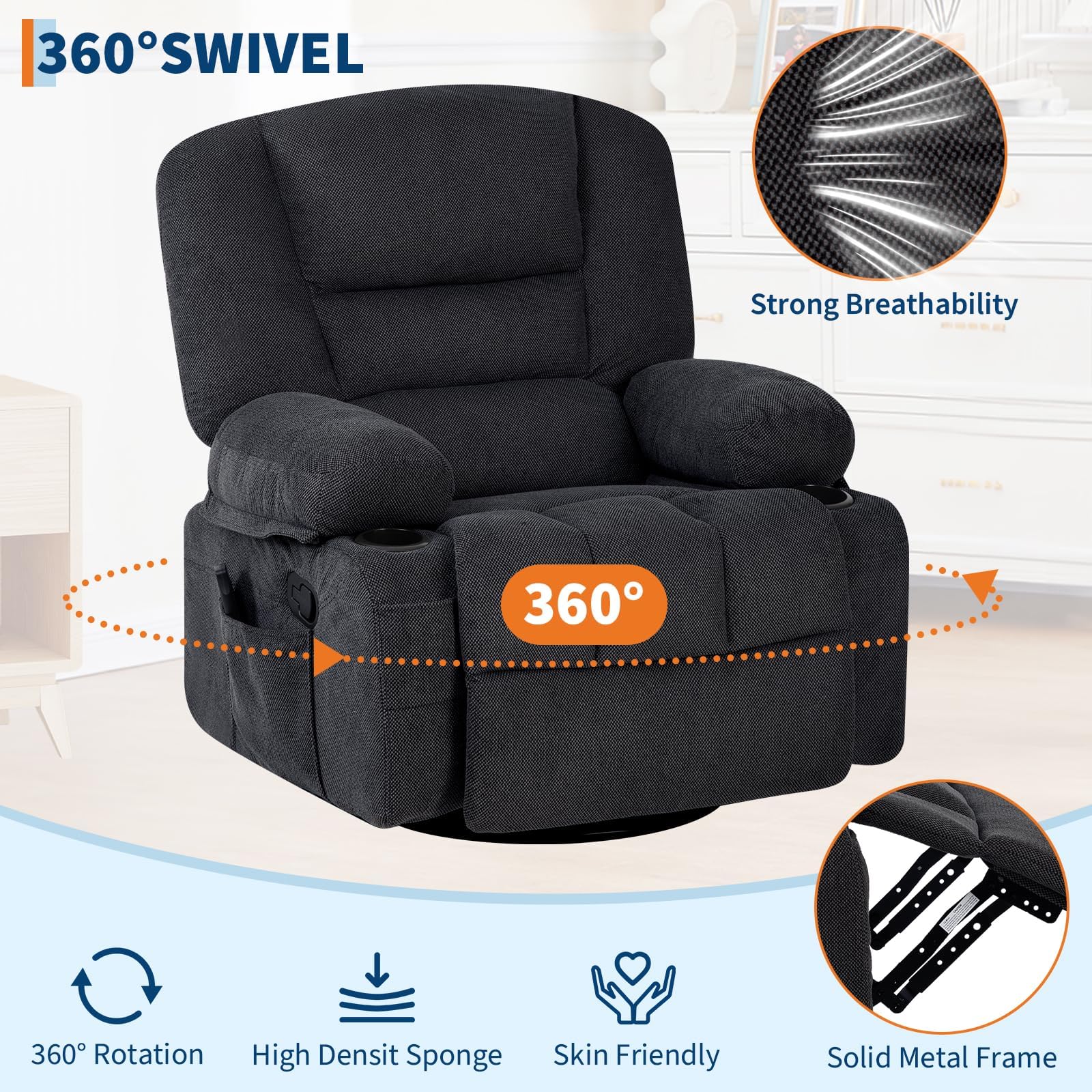 Oversized Wide Recliner Chair with Vibration Massage and Heat, 360° Swivel Recliner Glider for Adults,Chenille Fabric Manual Reclining Single Sofa with Cup Holders & Side Pockets for Living Room,White
