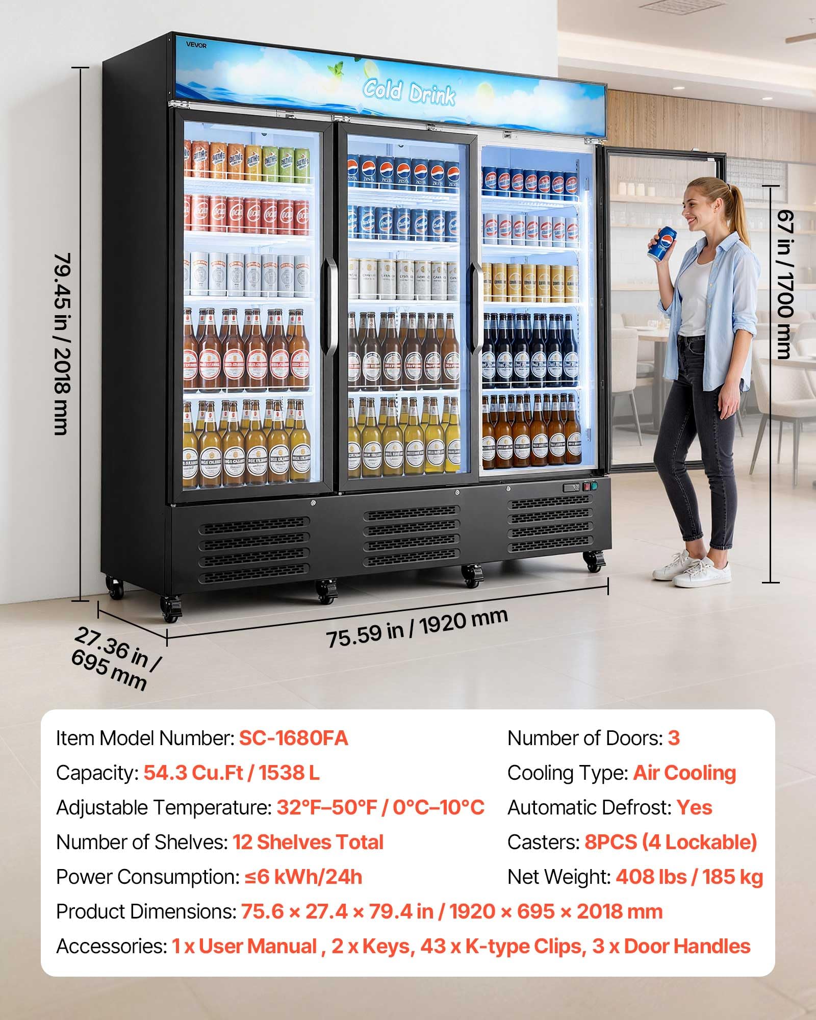 VEVOR Commercial Merchandiser Refrigerator, 6.9 Cu.Ft / 195L Glass Door Display Refrigerator, Upright Beverage Cooler Fridge with 4 Adjustable Shelves, Soft LED Light & Casters for Homes Shops Bars