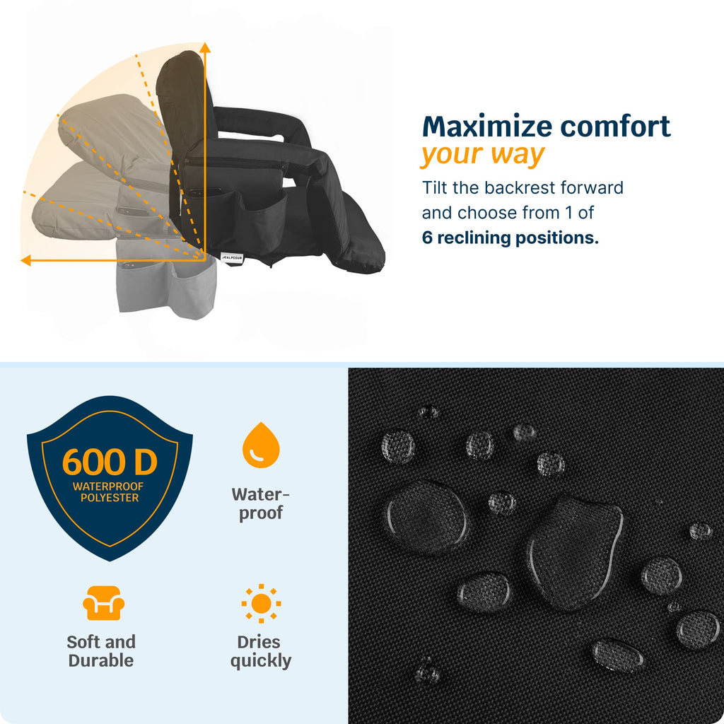 Alpcour Heating Massage Stadium Seat – Deluxe Reclining Bleacher Chair with Back & Arm Support – Built-in Heater and Massager - Extra Thick, Lightweight and Waterproof with Detachable Pockets