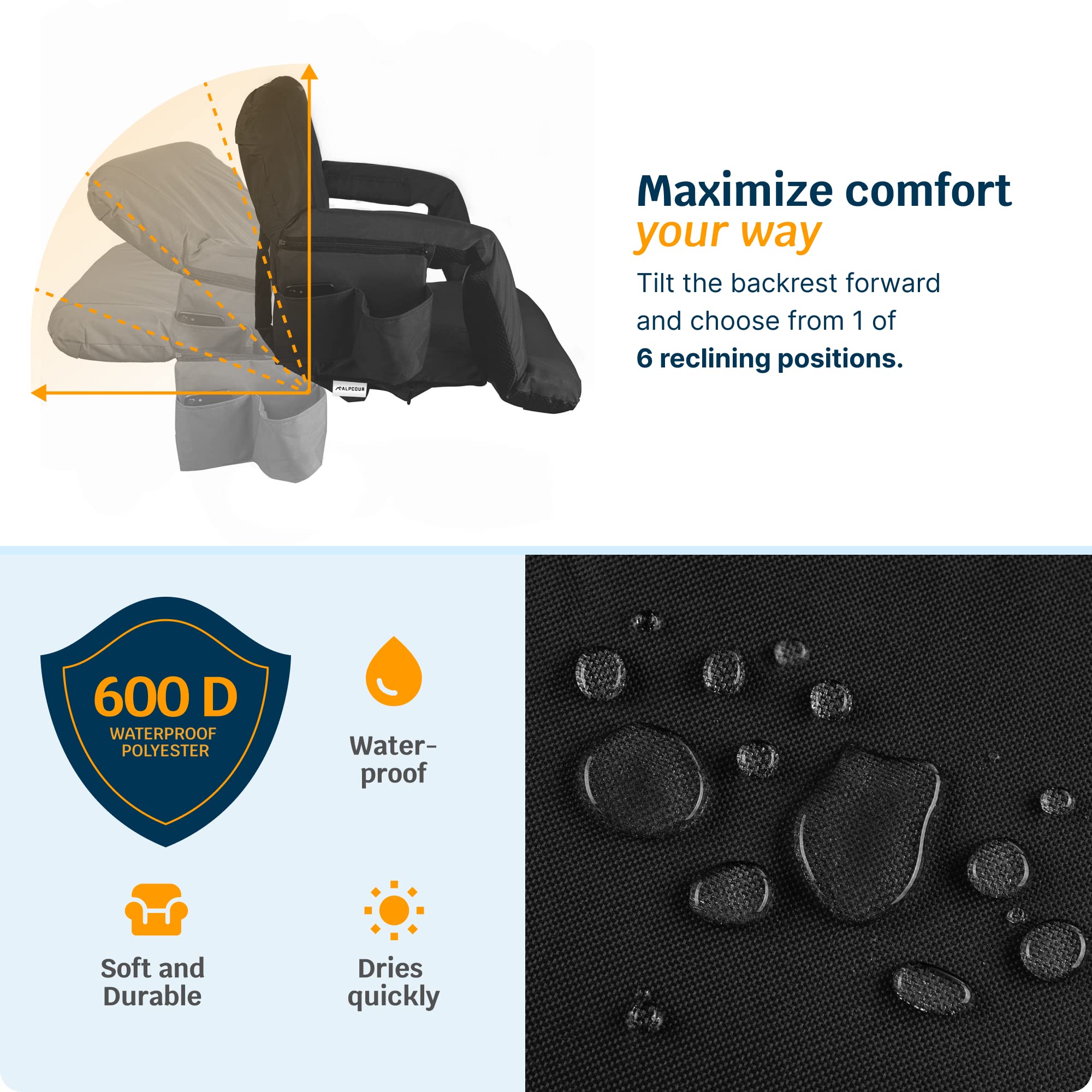 Alpcour Heating Massage Stadium Seat – Deluxe Reclining Bleacher Chair with Back & Arm Support – Built-in Heater and Massager - Extra Thick, Lightweight and Waterproof with Detachable Pockets