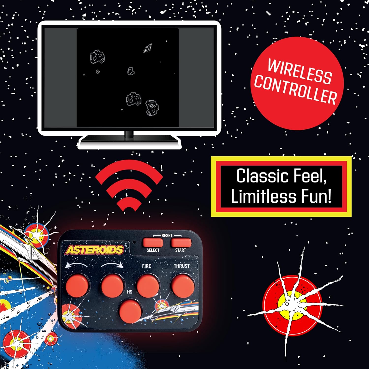 Asteroids Plug & Play Retro TV Game Console – HDMI Arcade Gaming System with Wireless Controller, Classic Space Shooter Video Game, No WiFi Required, Portable Home Gaming Device for Kids & Adults