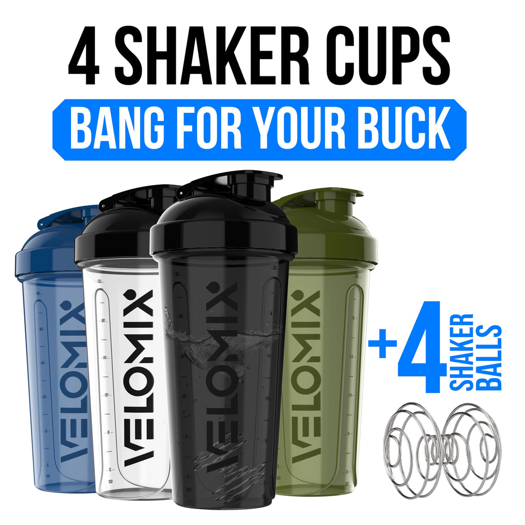 VELOMIX -4 PACK- 28 oz Protein Shaker Bottle for Protein Mixes - 4x Wire Whisk | Leak Proof Shaker Cups for Protein Shakes | Protein Shaker Bottle Pack | Protein Shake Cup (NeoCool Pack)