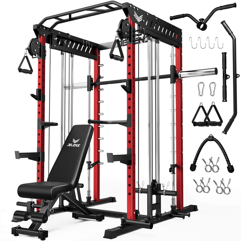 JELENS M21 Smith Machine, Multi-Function Power Cage with Dual Pulley Cable Crossover System, 2000LBS All-in-One Squat Rack with Smith Bar and Attachments for Home Gym