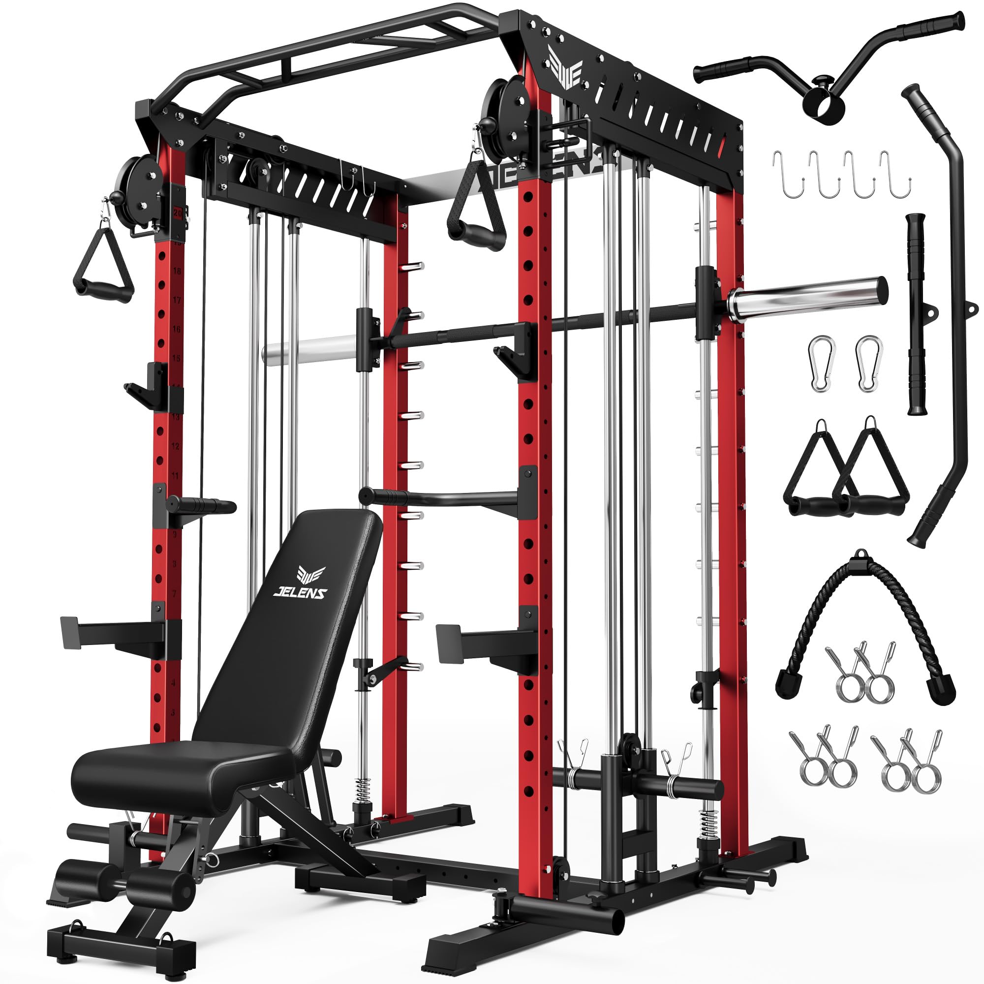 JELENS M21 Smith Machine, Multi-Function Power Cage with Dual Pulley Cable Crossover System, 2000LBS All-in-One Squat Rack with Smith Bar and Attachments for Home Gym