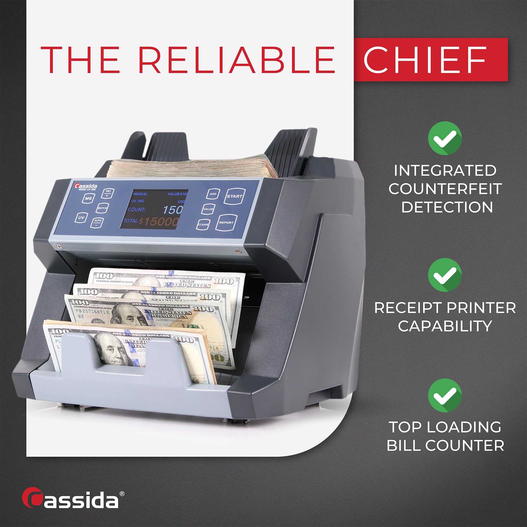 Cassida 9900R V2 2-Pocket Premium Bank Grade Money Counter Machine Mixed Denomination, Bill Sorter, Value Counting, Printer Enabled, 2 CIS, UV/MG, IR/IT Counterfeit Detection with Built-in Printer