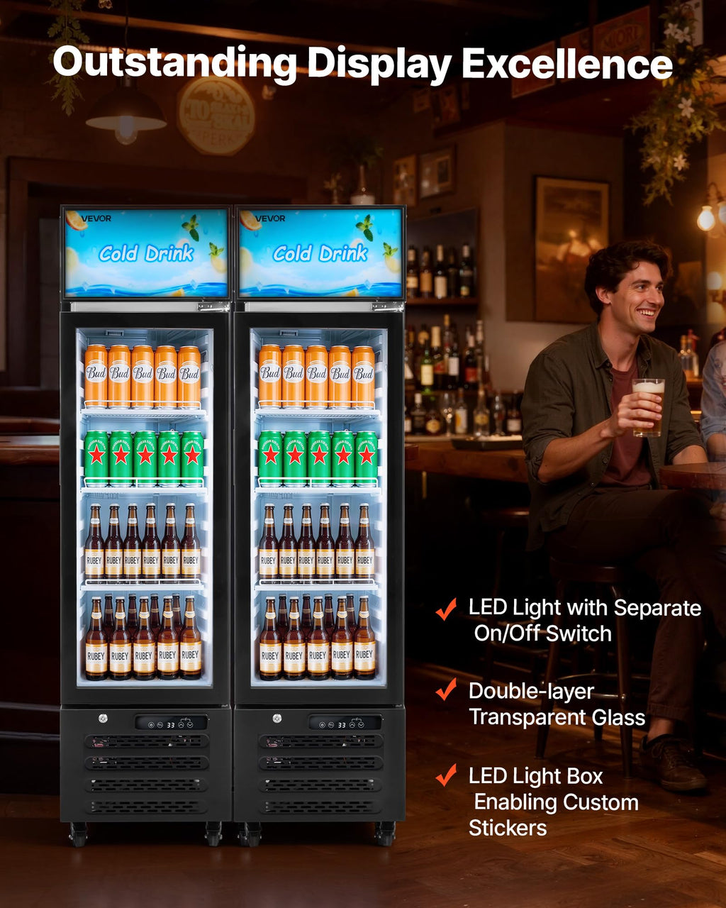 VEVOR Commercial Merchandiser Refrigerator, 6.9 Cu.Ft / 195L Glass Door Display Refrigerator, Upright Beverage Cooler Fridge with 4 Adjustable Shelves, Soft LED Light & Casters for Homes Shops Bars