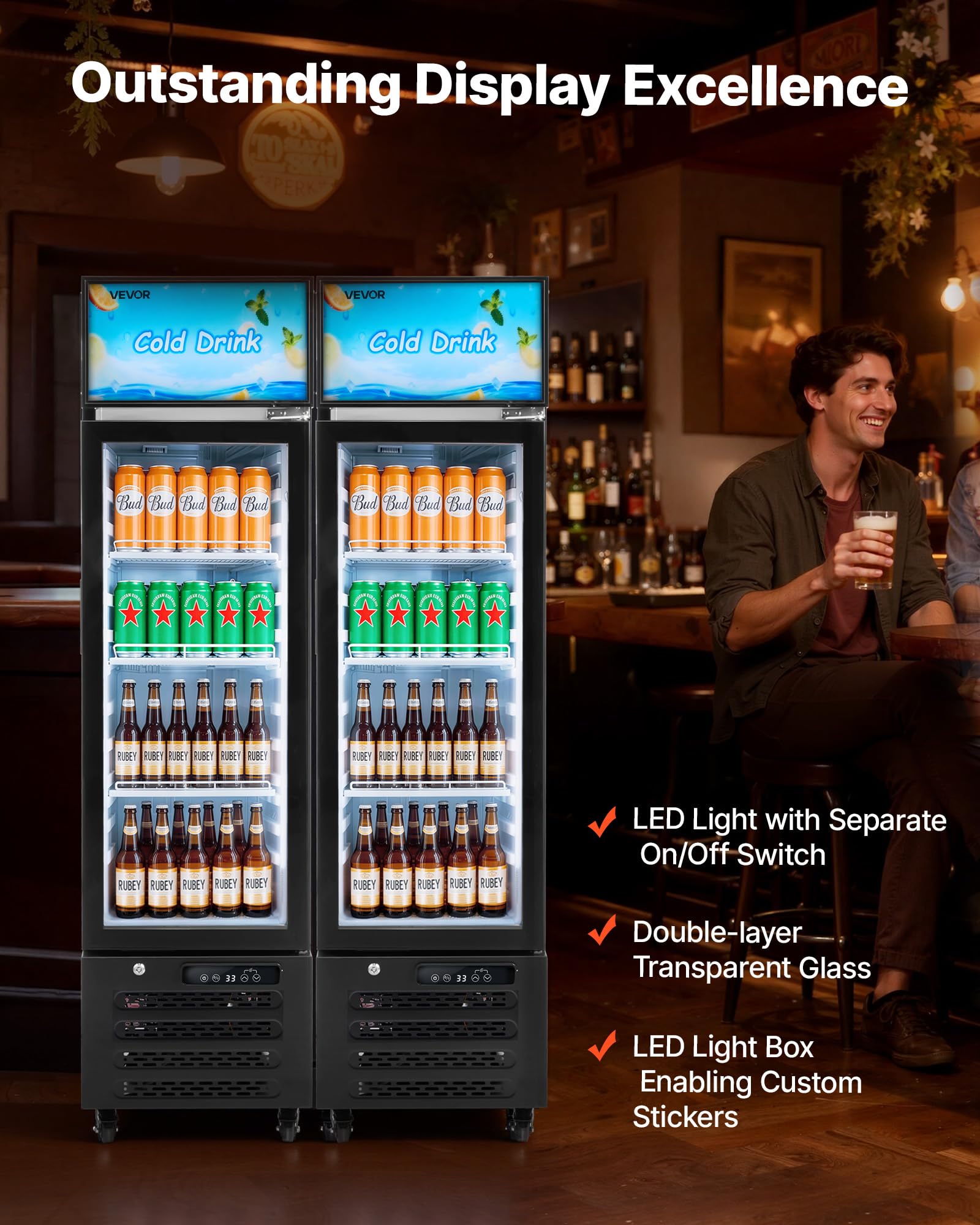 VEVOR Commercial Merchandiser Refrigerator, 6.9 Cu.Ft / 195L Glass Door Display Refrigerator, Upright Beverage Cooler Fridge with 4 Adjustable Shelves, Soft LED Light & Casters for Homes Shops Bars