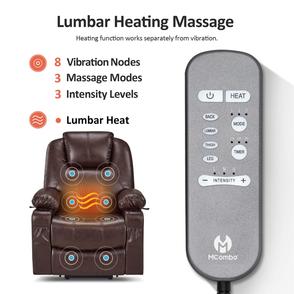 MCombo Electric Power Lift Recliner Chair Sofa with Massage and Heat for Elderly, 3 Positions, 2 Side Pockets, and Cup Holders, USB Ports, Faux Leather 7040 (Grey, Medium)