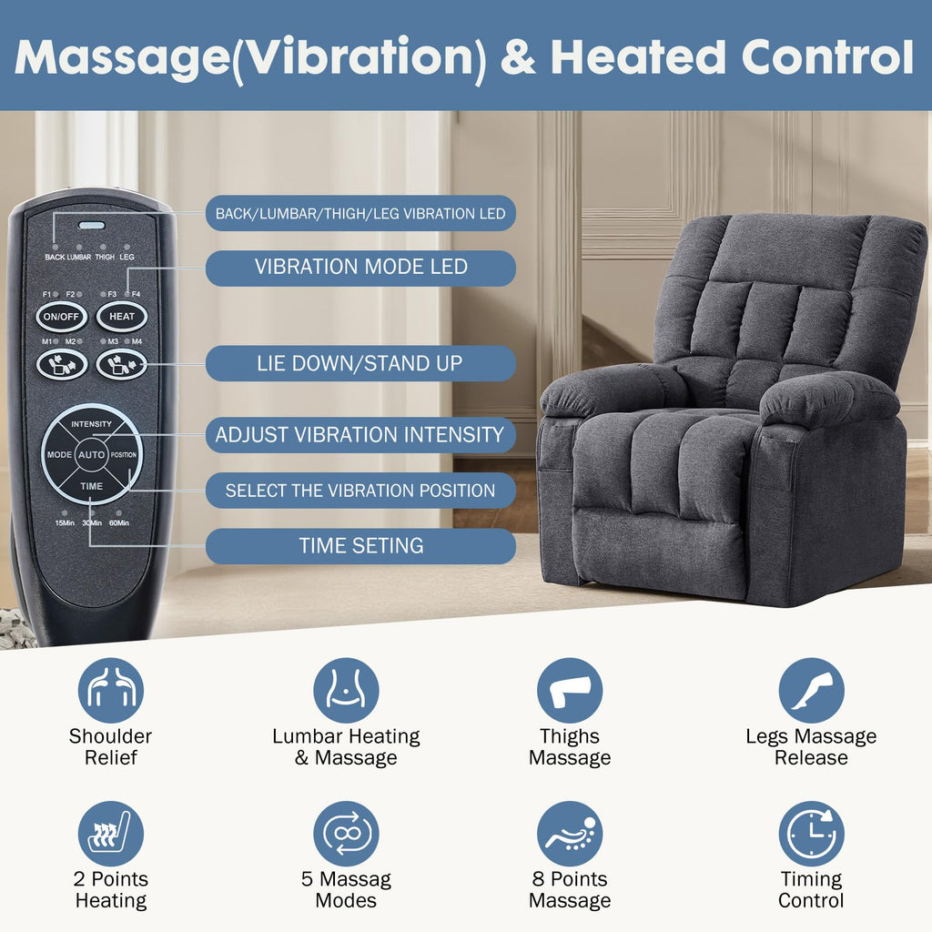 DUMOS Rocker Recliner Chair, Swivel Recliner with Vibration Massage & Lumbar Heating, 270° Rotating Chenille Fabric Recliner with footrest for Living Room & Bedroom, Grey
