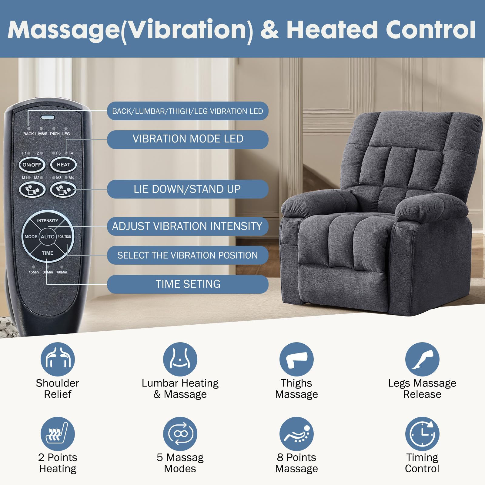 DUMOS Rocker Recliner Chair, Swivel Recliner with Vibration Massage & Lumbar Heating, 270° Rotating Chenille Fabric Recliner with footrest for Living Room & Bedroom, Grey