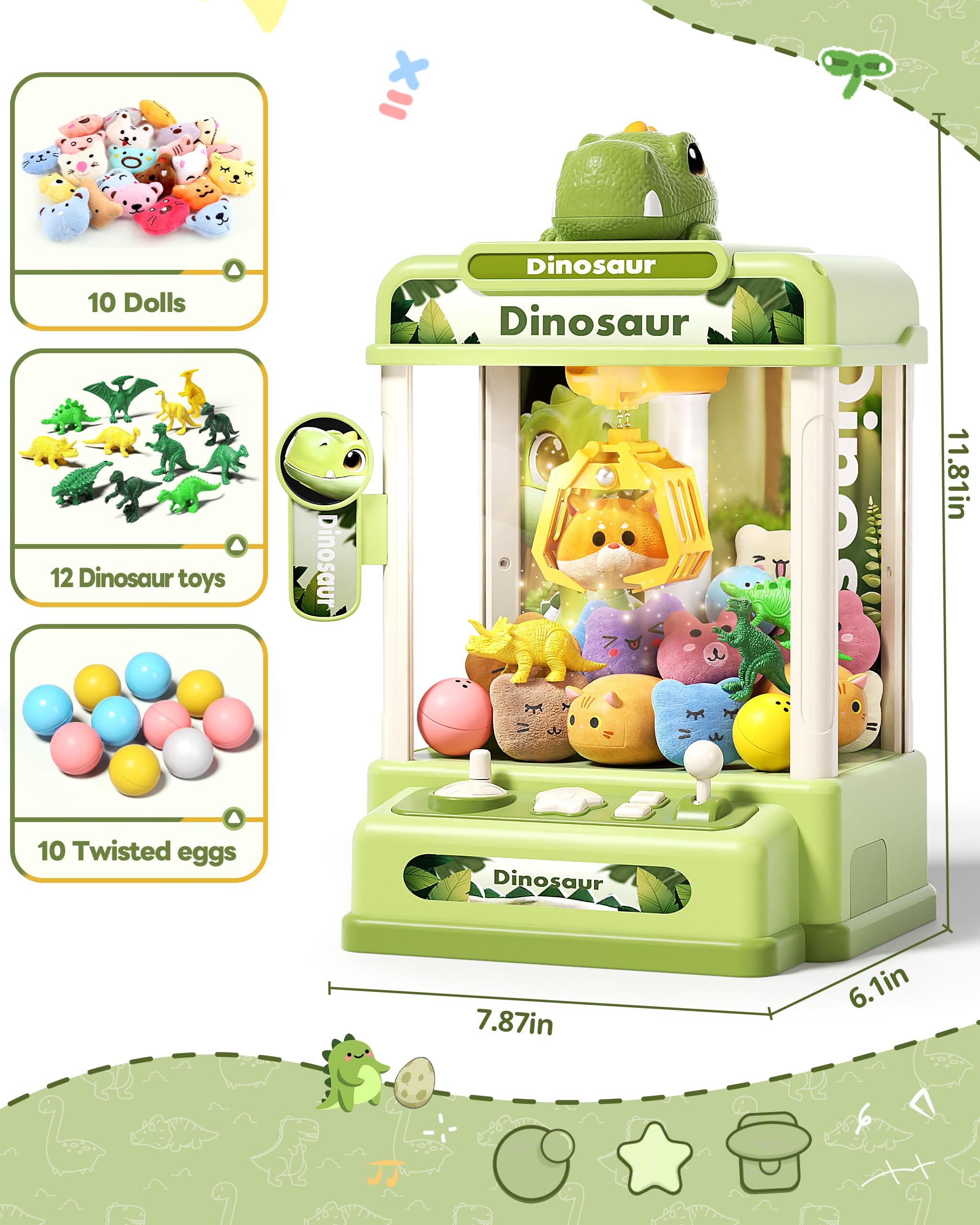 STACTCUTE 78PCS Large Dinosaur Claw Machine for Kids, No Assembly Required - Electronic Arcade Game with Music & Lights, Vending Machine Toy Prize Dispenser - Birthday Gift for Boys & Girls Age 3+