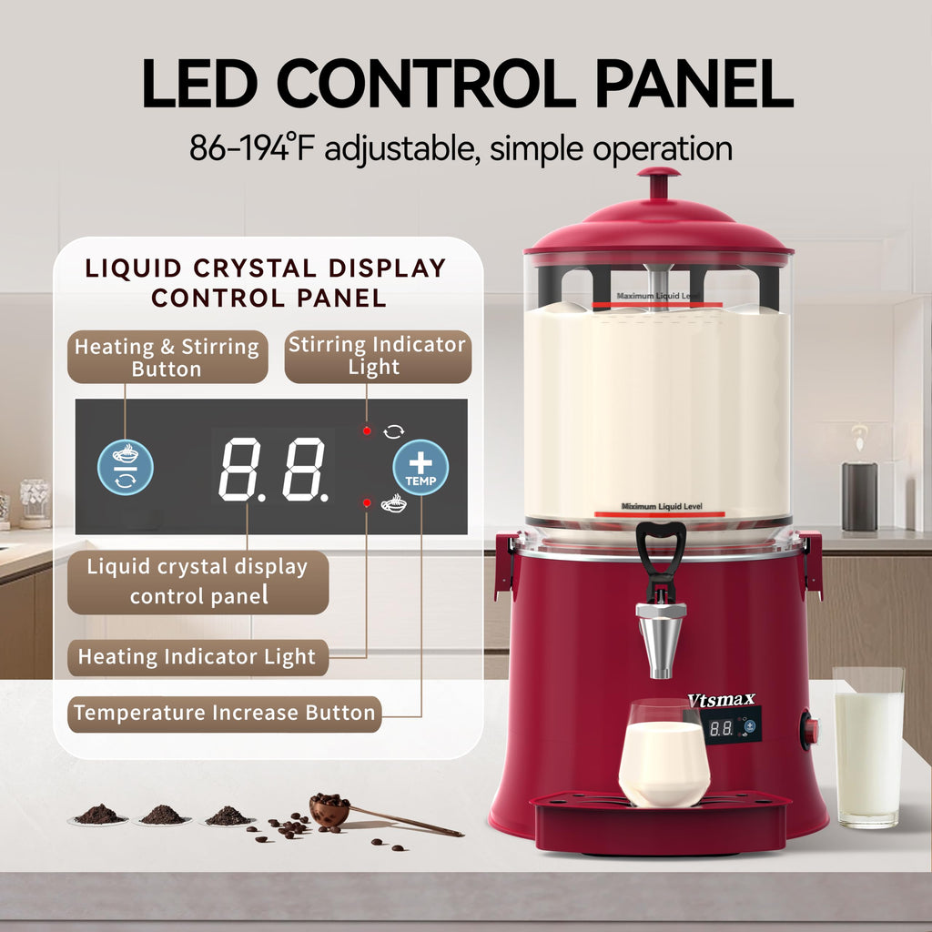10L/2.6Gal Hot Chocolate Machine, Commercial Hot Drink Dispenser, 86–194°F Temperature Control Beverage Warmer with Stainless Steel Spout, Removable PC Bowl for Cocoa, Milk, Coffee, Red