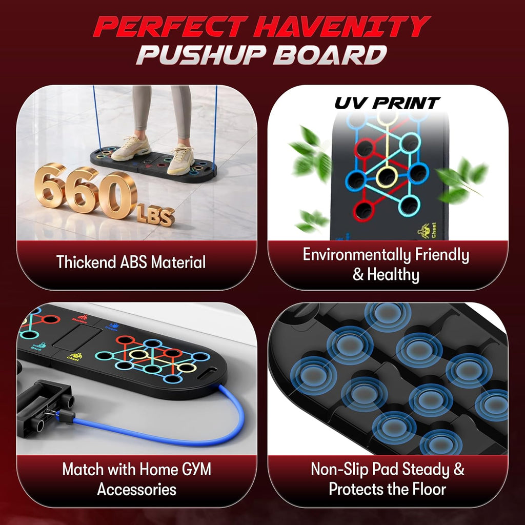 Plank Board & Push Up Board 22-in-1 with Resistance Bands – Core Trainer with Foam Elbow Pads, Foldable Home Gym Equipment for Men & Women