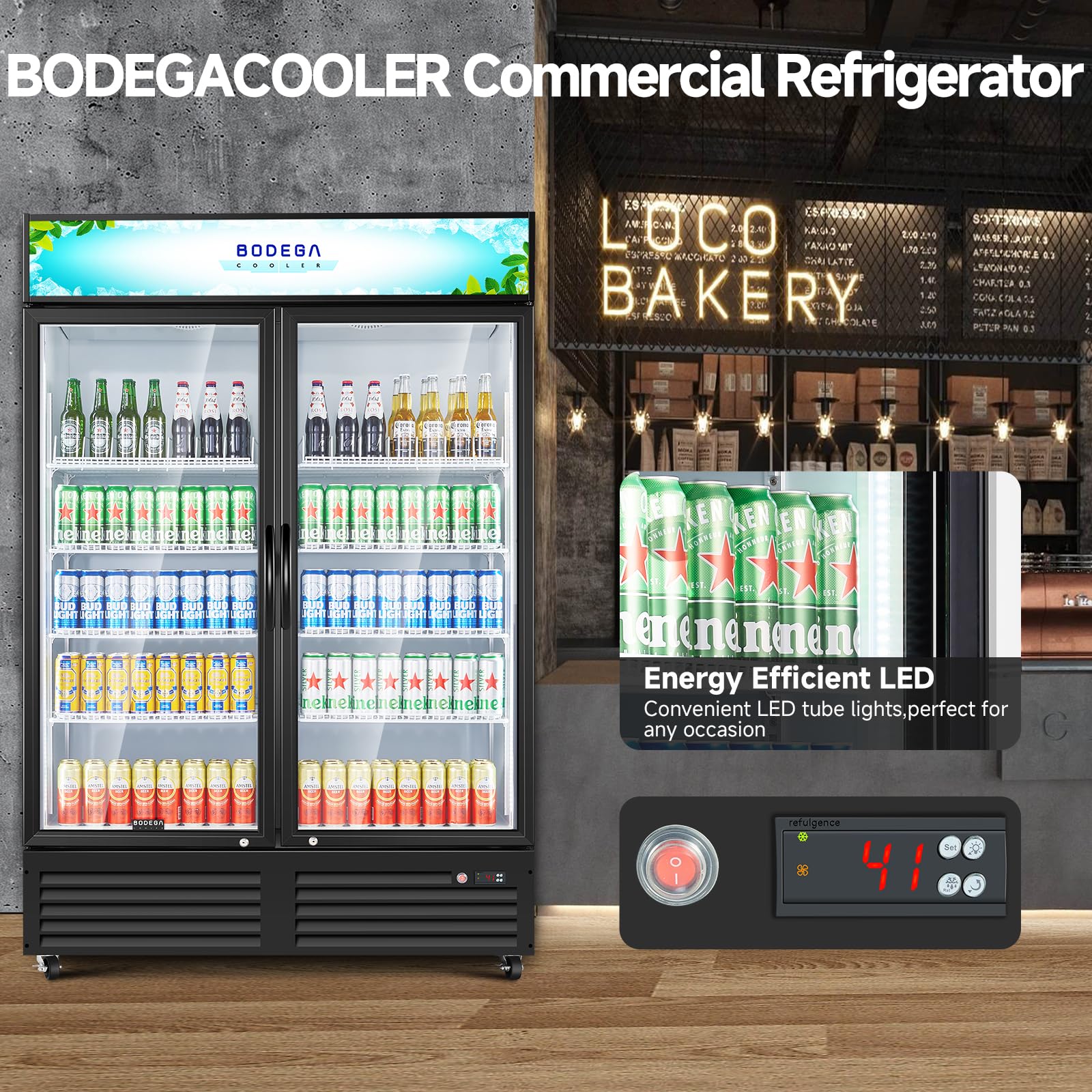 BODEGACOOLER Commercial Merchandiser Refrigerator, 27.02 Cu.Ft Double Glass Door Beverage Cooler, Upright Display Refrigerator with Soft LED Light, Adjustable Shelves, 4 Heavy-Duty Casters, Black