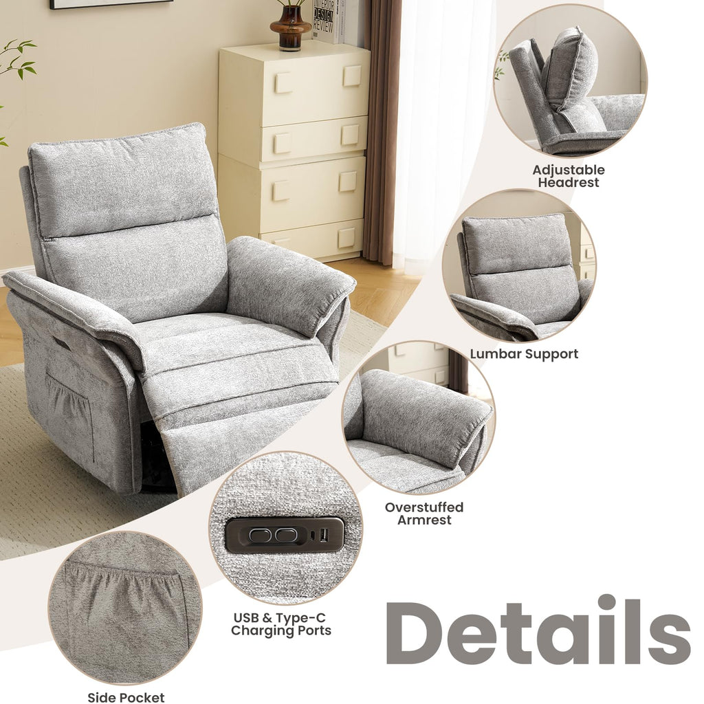 Oversized Rocking Chair Nursery with Massage and Heat, Glider Recliner Nursery Chair with Adjustable Headrest, Power Swivel Rocker Recliner Chair with USB Port, Dark Grey