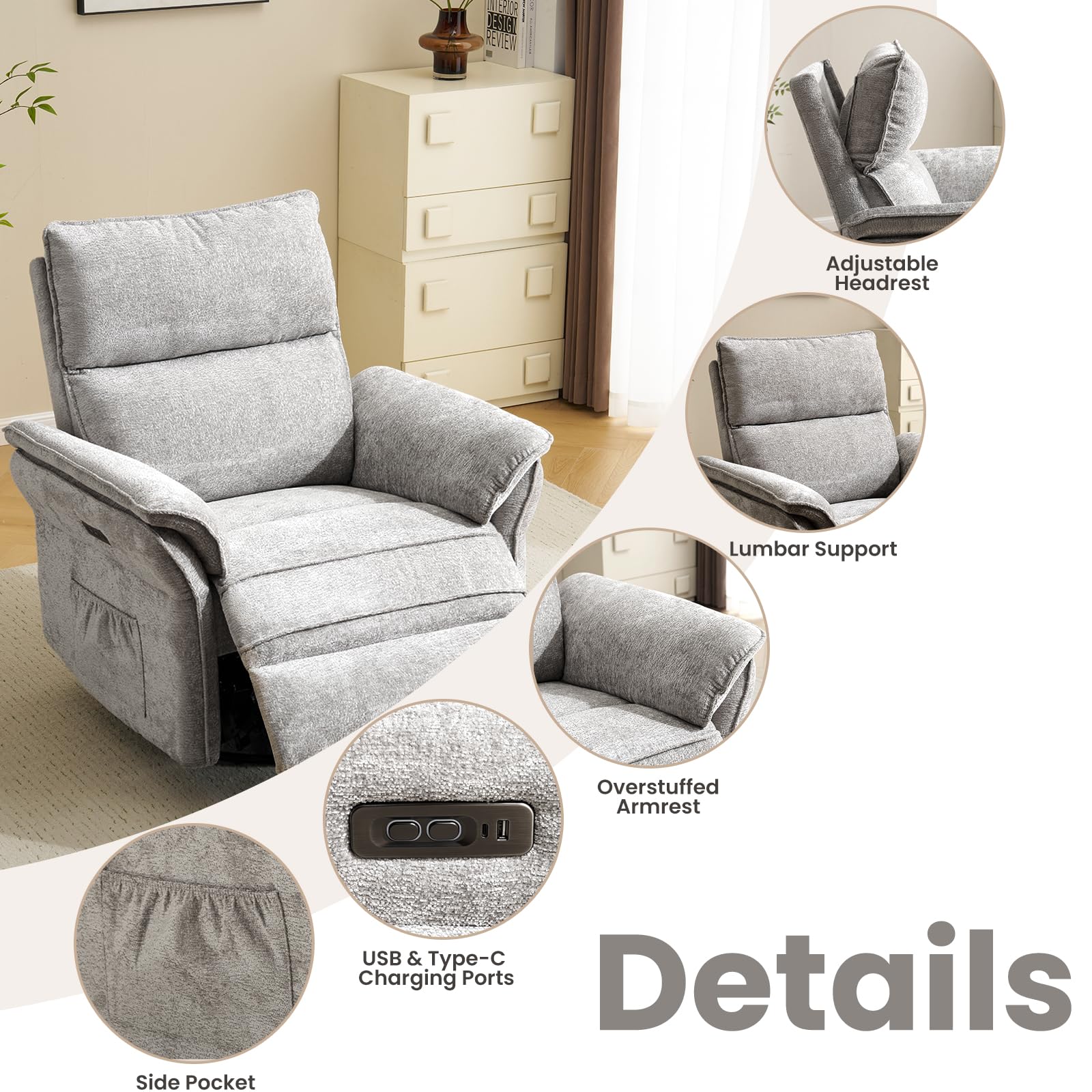 Oversized Rocking Chair Nursery with Massage and Heat, Glider Recliner Nursery Chair with Adjustable Headrest, Power Swivel Rocker Recliner Chair with USB Port, Dark Grey