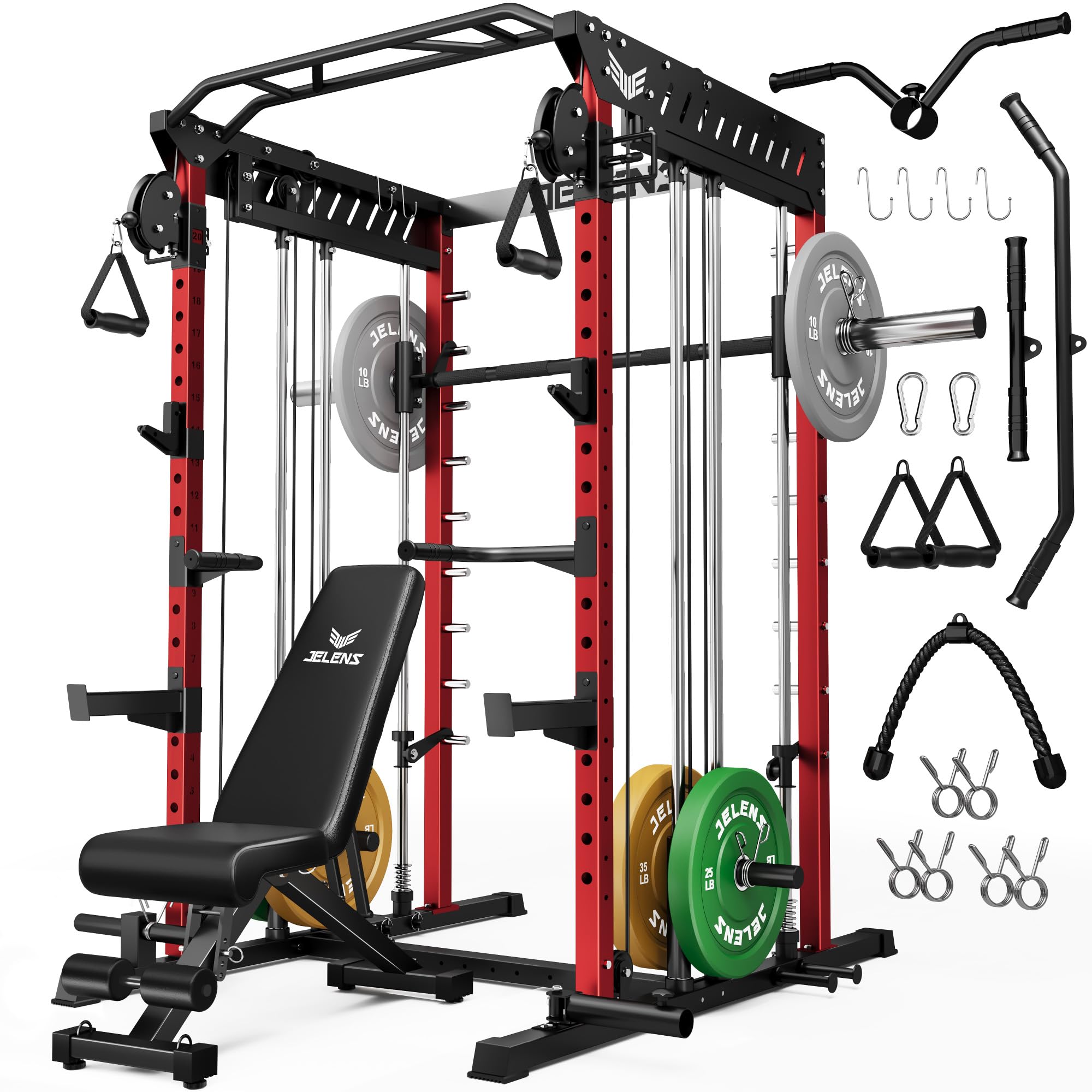 JELENS M21 Smith Machine, Multi-Function Power Cage with Dual Pulley Cable Crossover System, 2000LBS All-in-One Squat Rack with Smith Bar and Attachments for Home Gym