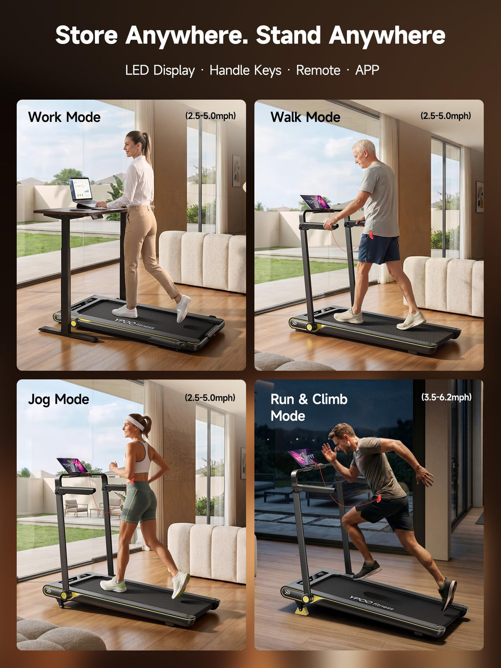 YPOO Walking Pad Treadmill with Incline, 2-in-1 Under Desk Walking Pad with Foldable Handlebar, 0.5-6.2 MPH Portable Treadmill for Home Office, 2.5 HP Quiet Brushless, App & Remote