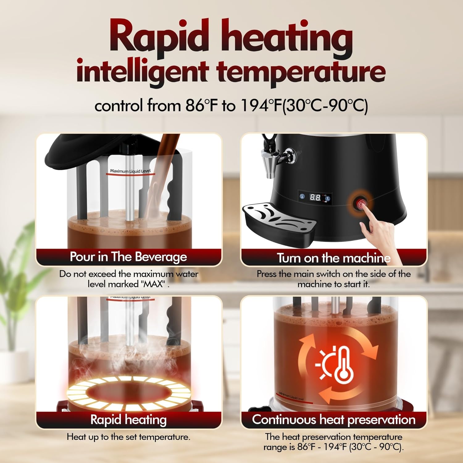 10L/2.64Gal Commercial Hot Chocolate Machine, Hot Beverage Warmer with 86°F-194°F Precise Temp Control, Stainless Steel Hot Drink Dispenser for Chocolate, Coffee, Mulled Wine, Juice-Black 5i6