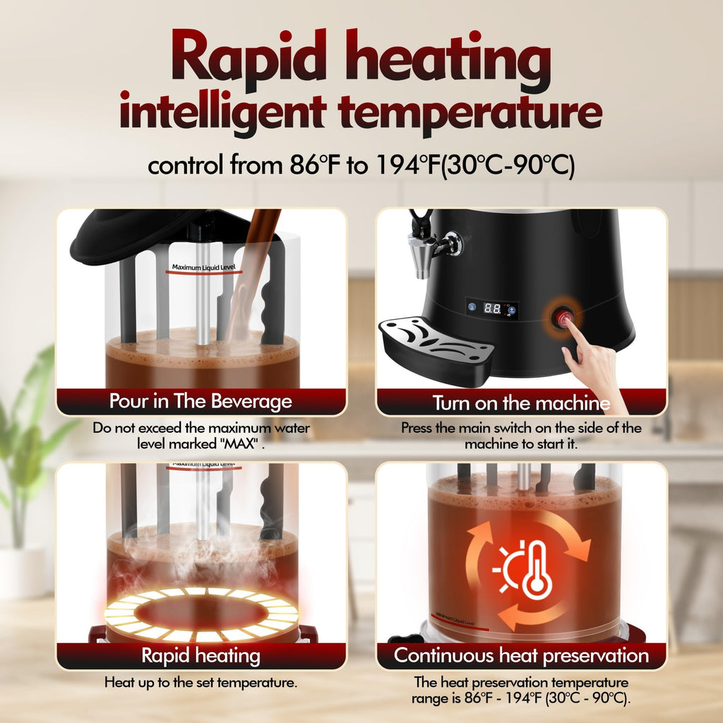 10L Commercial Hot Chocolate Machine, Hot Beverage Dispenser & Coffee Maker, Large Capacity Cocoa & Milk Drink Machine for Cafe Restaurant, Intelligent Temp Control, Easy Clean, Spill-Proof (Black)