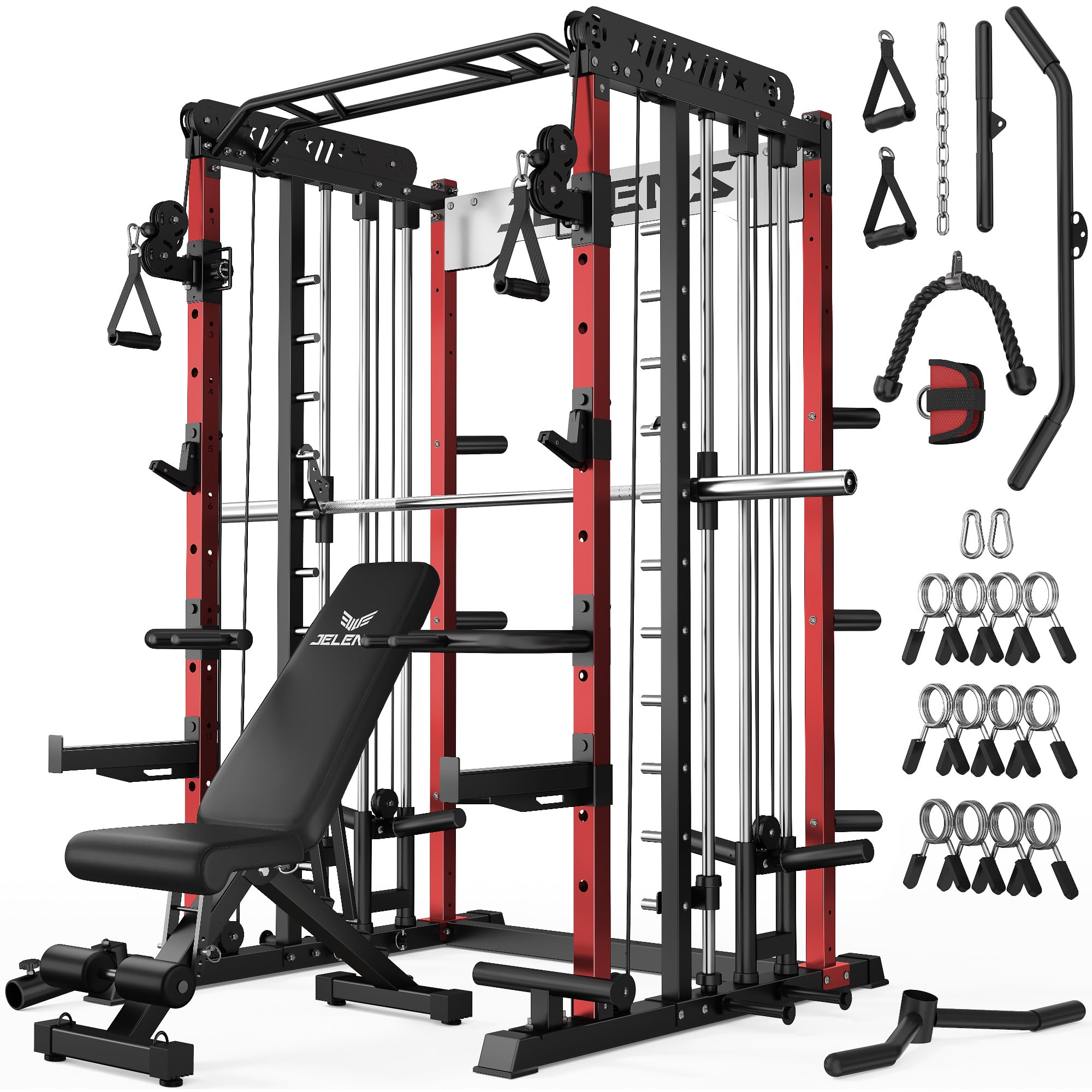 JELENS Smith Machine for Home Gym, Multi-Function M12 Power Cage with Cable Crossover System, Squat Rack with Smith Bar and More Attachment