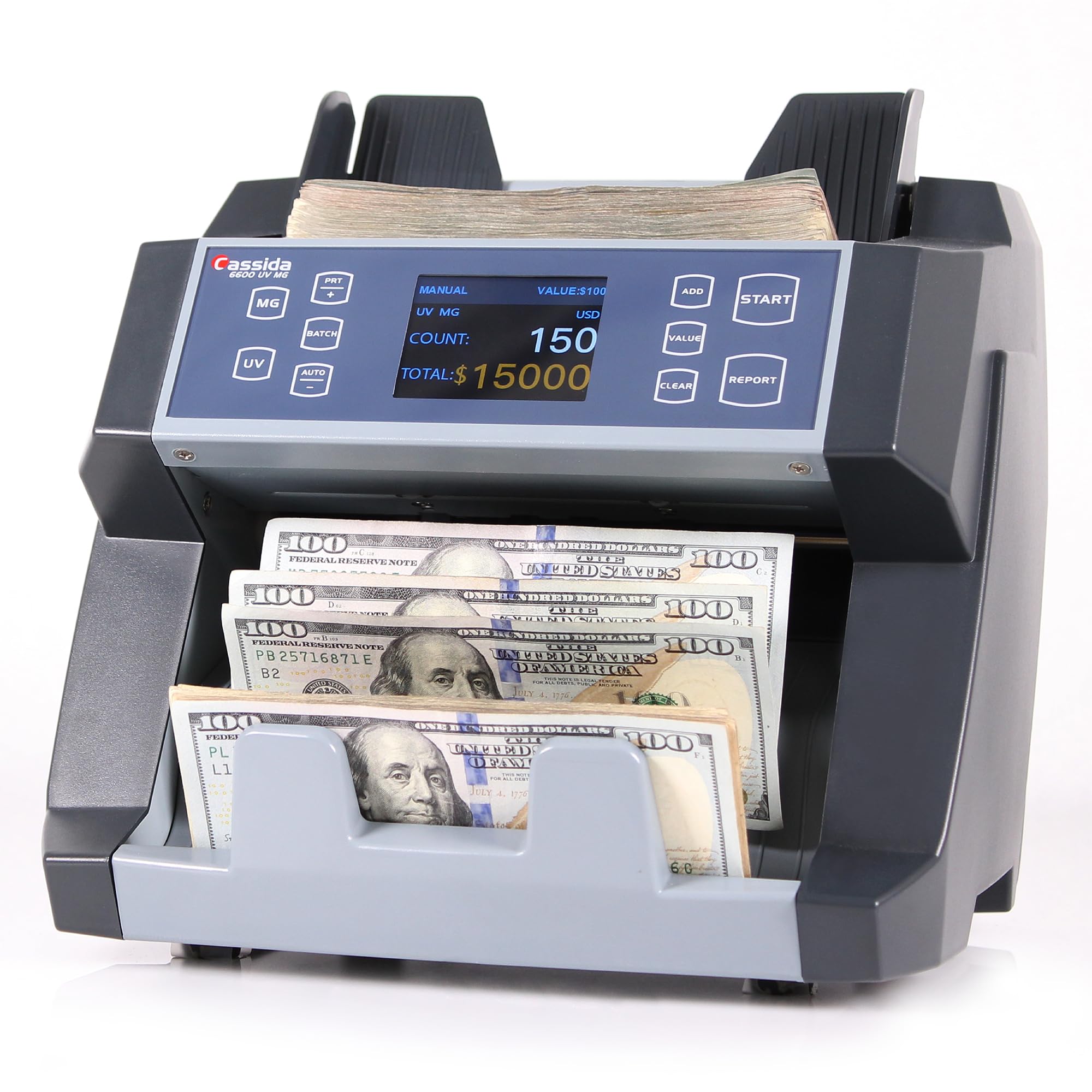 Cassida 9900R V2 2-Pocket Premium Bank Grade Money Counter Machine Mixed Denomination, Bill Sorter, Value Counting, Printer Enabled, 2 CIS, UV/MG, IR/IT Counterfeit Detection with Built-in Printer