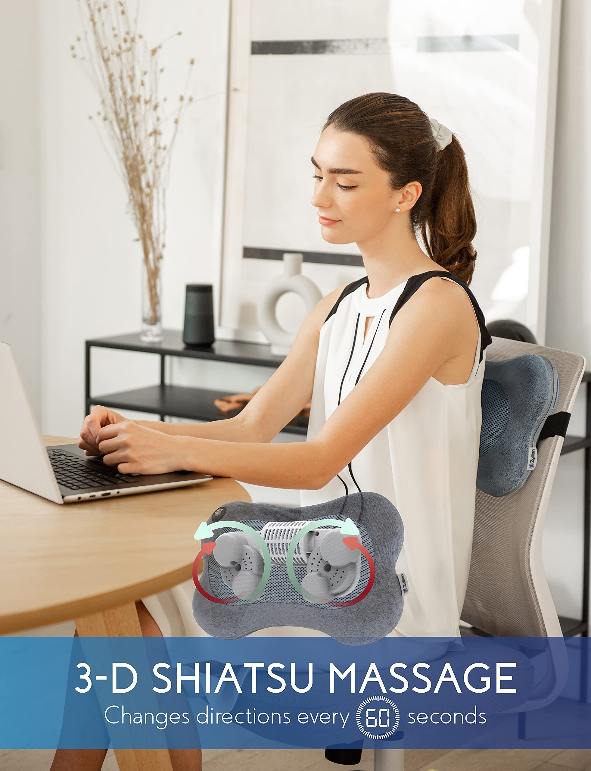 Zyllion Shiatsu Back and Neck Massager with Heat - 3D Electric Kneading Deep Tissue Massage Pillow for Muscle Pain Relief, Black, ZMA-13