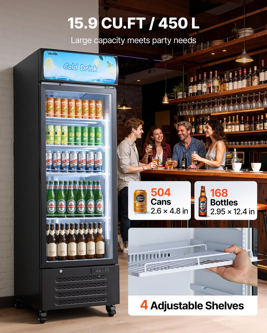 VEVOR Commercial Merchandiser Refrigerator, 6.9 Cu.Ft / 195L Glass Door Display Refrigerator, Upright Beverage Cooler Fridge with 4 Adjustable Shelves, Soft LED Light & Casters for Homes Shops Bars
