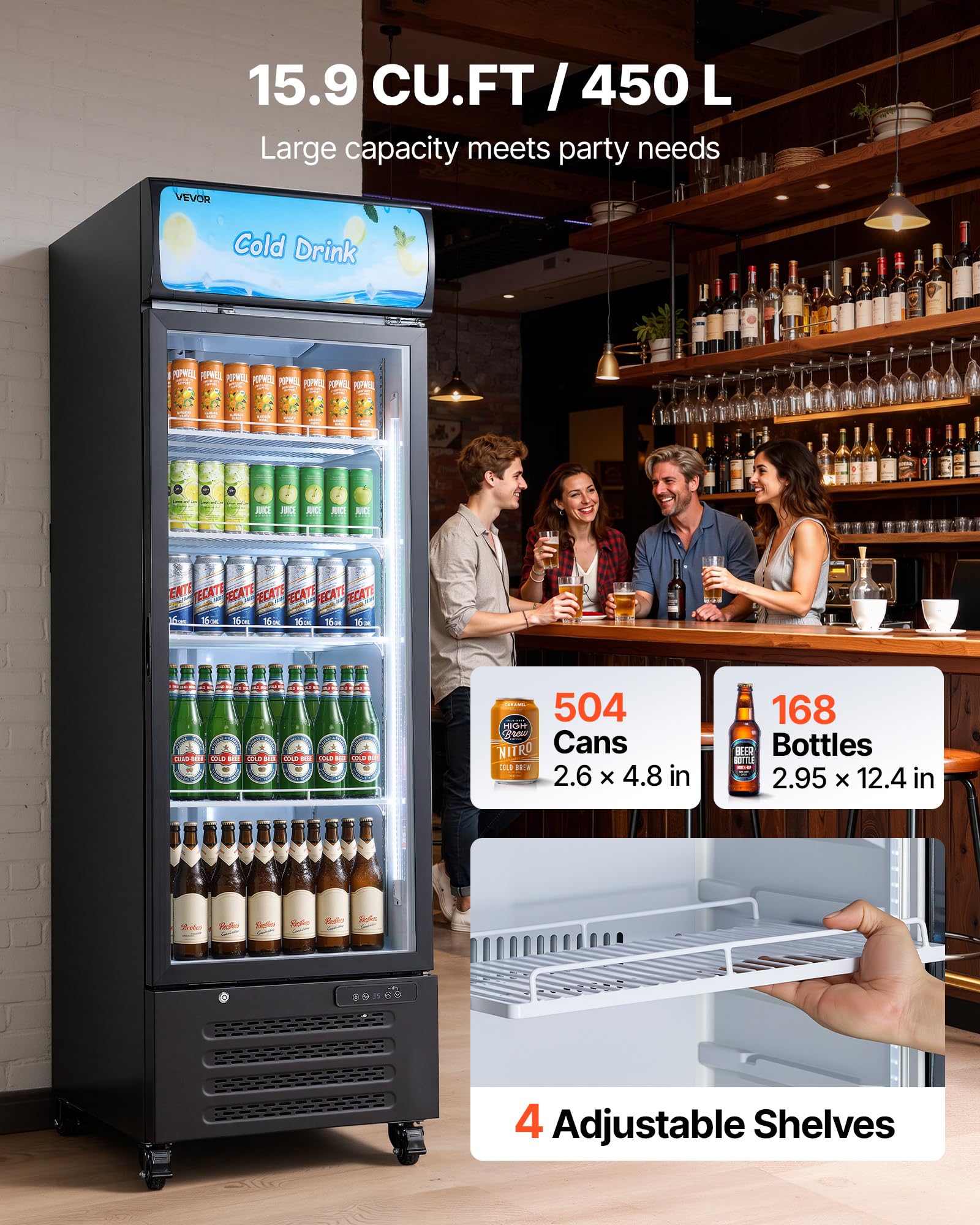 VEVOR Commercial Merchandiser Refrigerator, 6.9 Cu.Ft / 195L Glass Door Display Refrigerator, Upright Beverage Cooler Fridge with 4 Adjustable Shelves, Soft LED Light & Casters for Homes Shops Bars