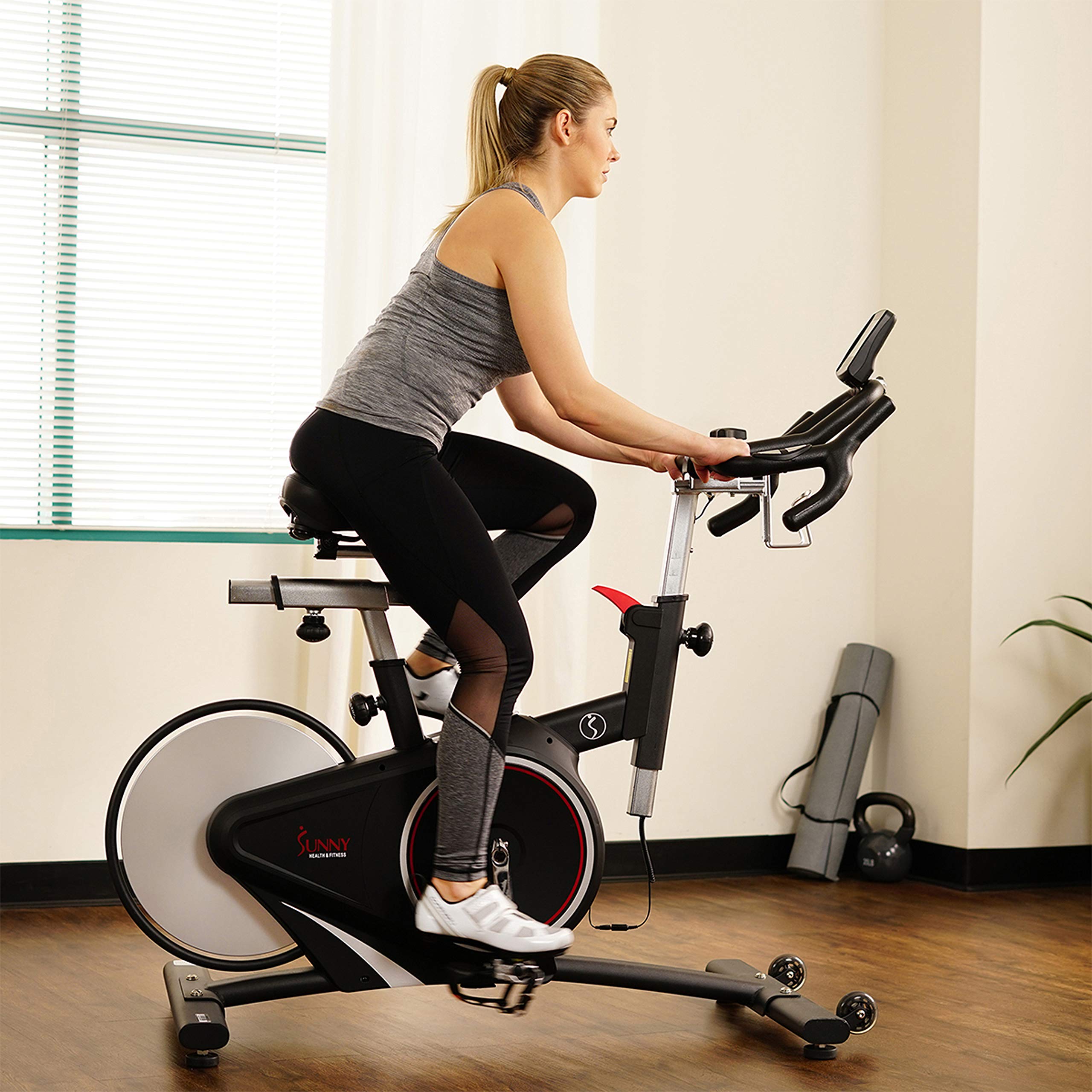 Sunny Health & Fitness Indoor Intensive Cycling Exercise Bike, Adjustable Cardio Training Exerciser w/Emergency Brake for Home, Optional Free SunnyFit App Bluetooth Link + Electromagnetic Resistance