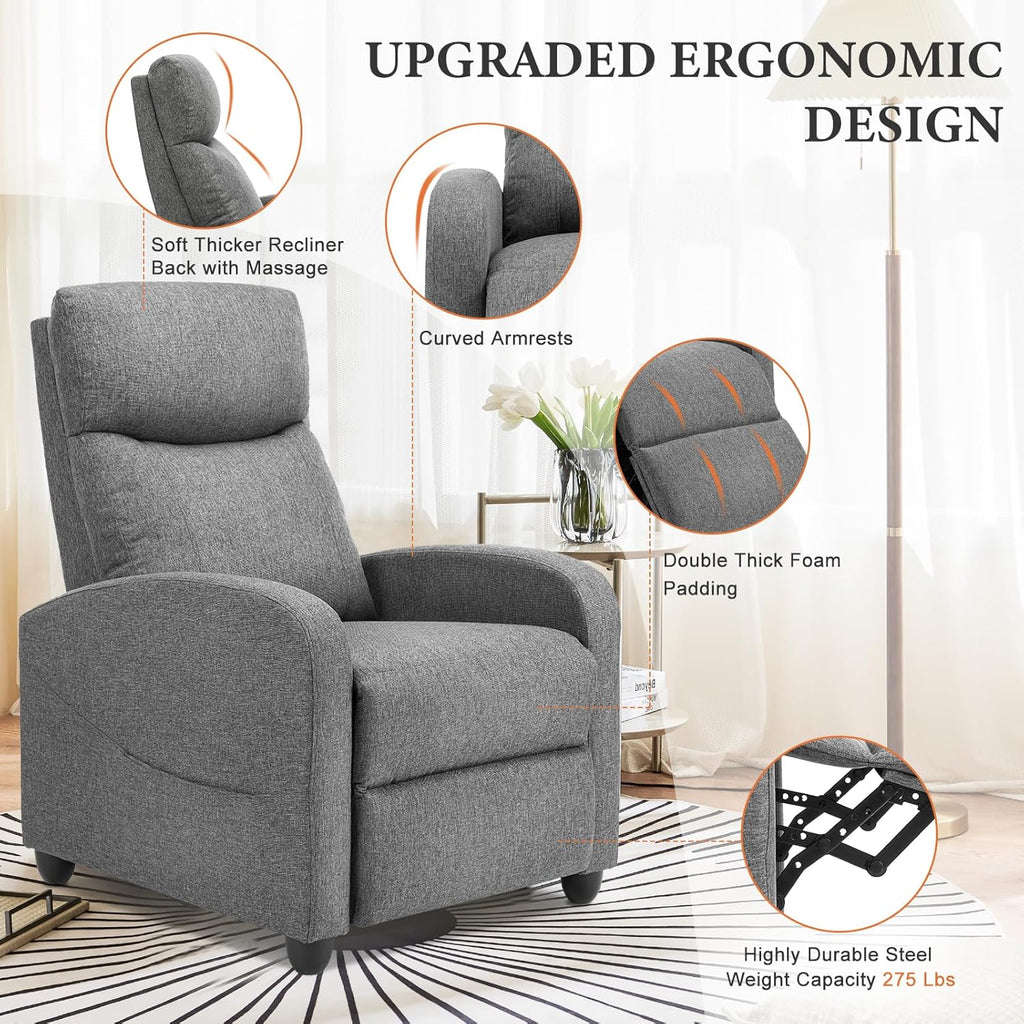Sweetcrispy Massage Recliner Chair for Adults, Adjustable Home Theater Seating with Lumbar Support for Living Room, Modern Fabric Reclining, Cool Gray