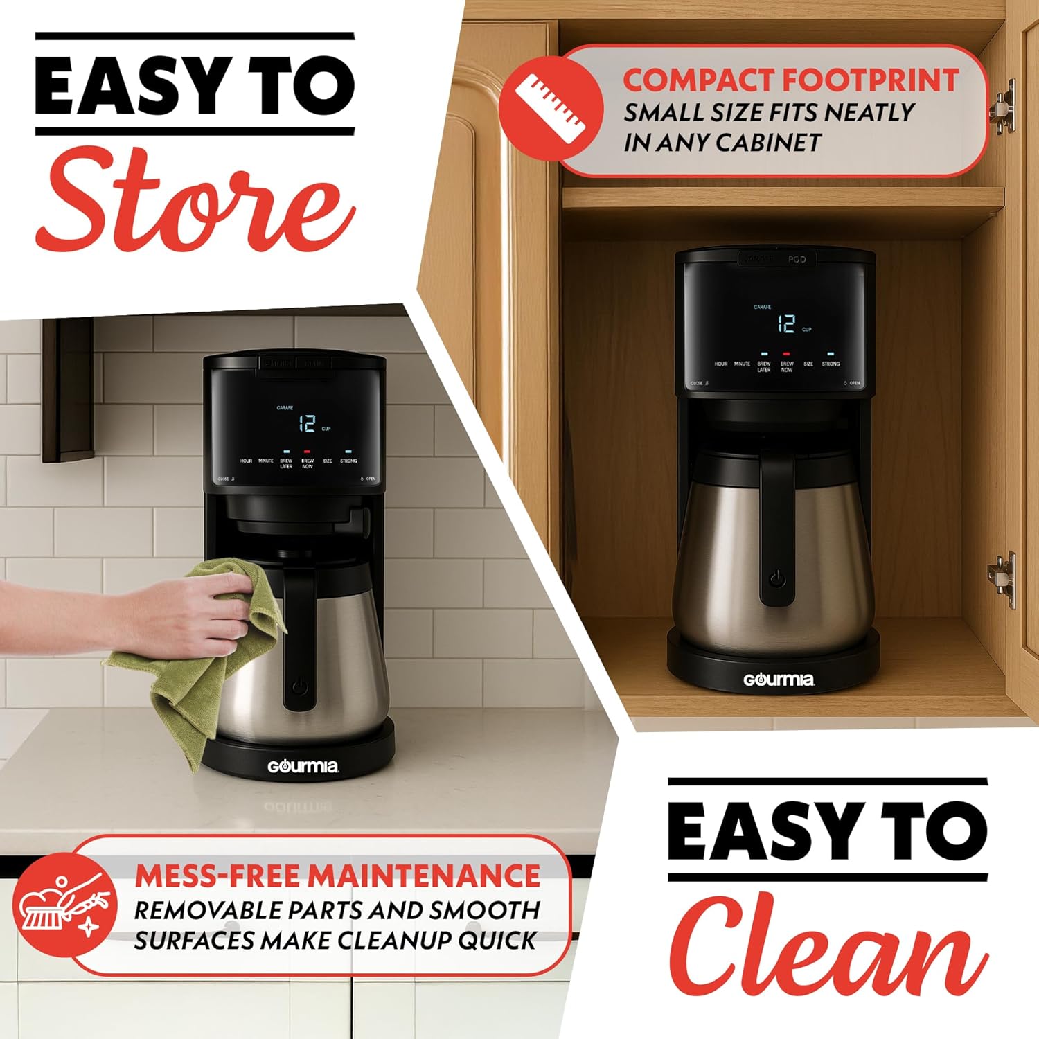 Gourmia 2-in-1 Single Serve and 12 Cup Coffee Maker - Drip Brew, K-Cup Compatible, Programmable, Pause and Serve, Removable Filter, Thermal Carafe, Black