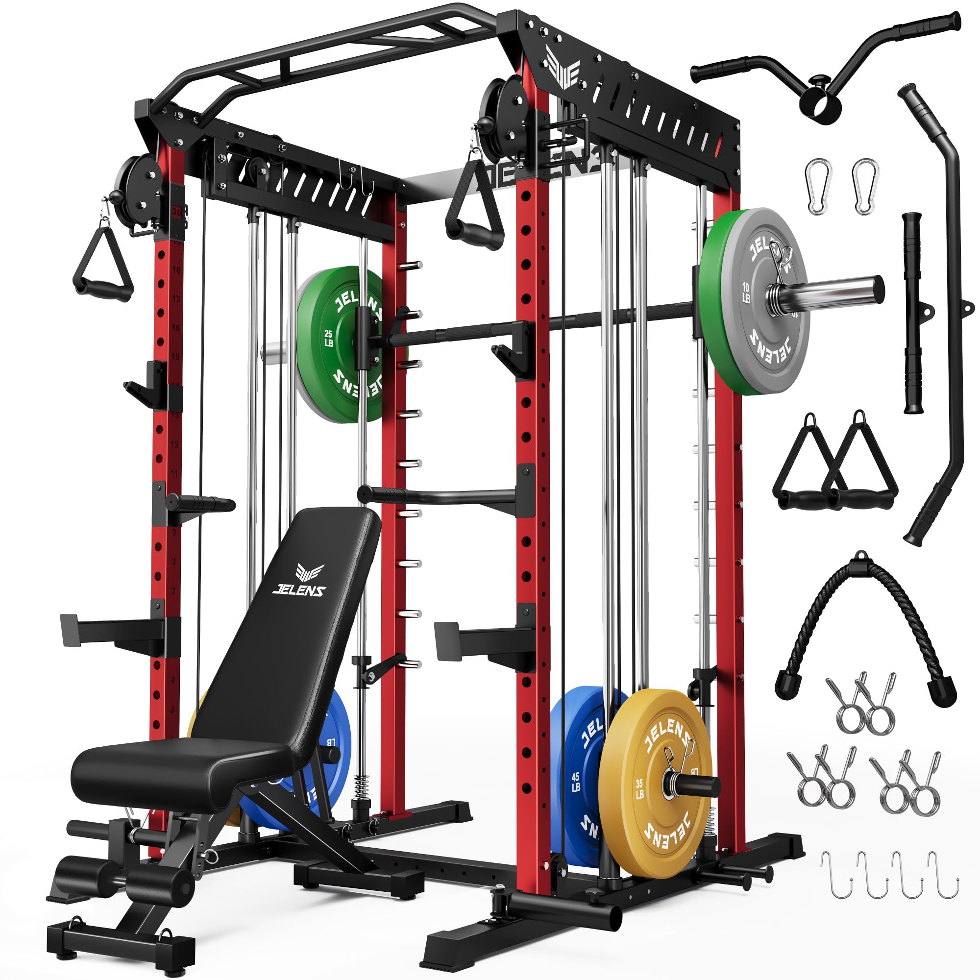 JELENS M21 Smith Machine, Multi-Function Power Cage with Dual Pulley Cable Crossover System, 2000LBS All-in-One Squat Rack with Smith Bar and Attachments for Home Gym
