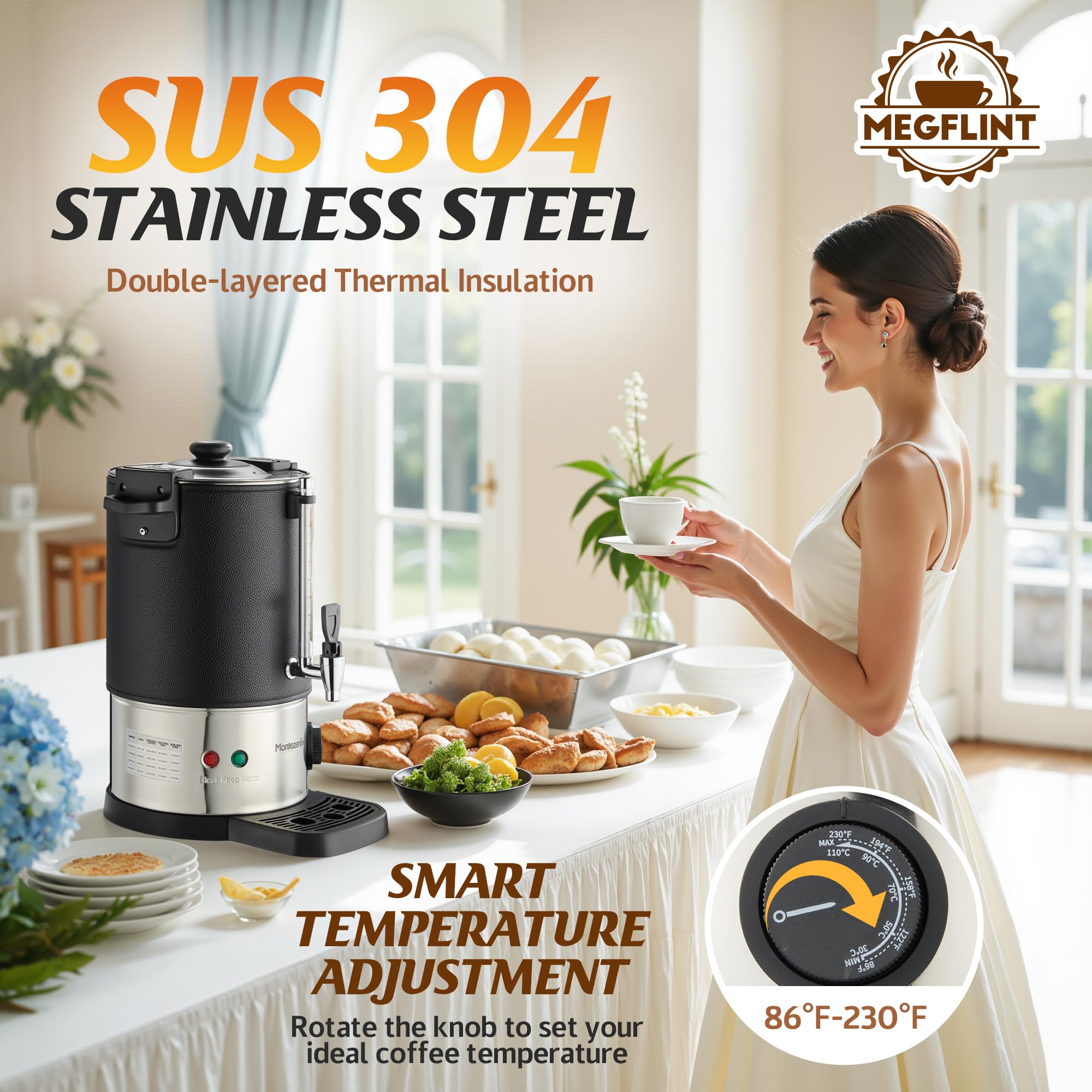 50-Cup Commercial Coffee Urn Stainless Steel Double Insulated Coffee Maker with Percolator System & Temp Control Function - Ideal for Events, Offices
