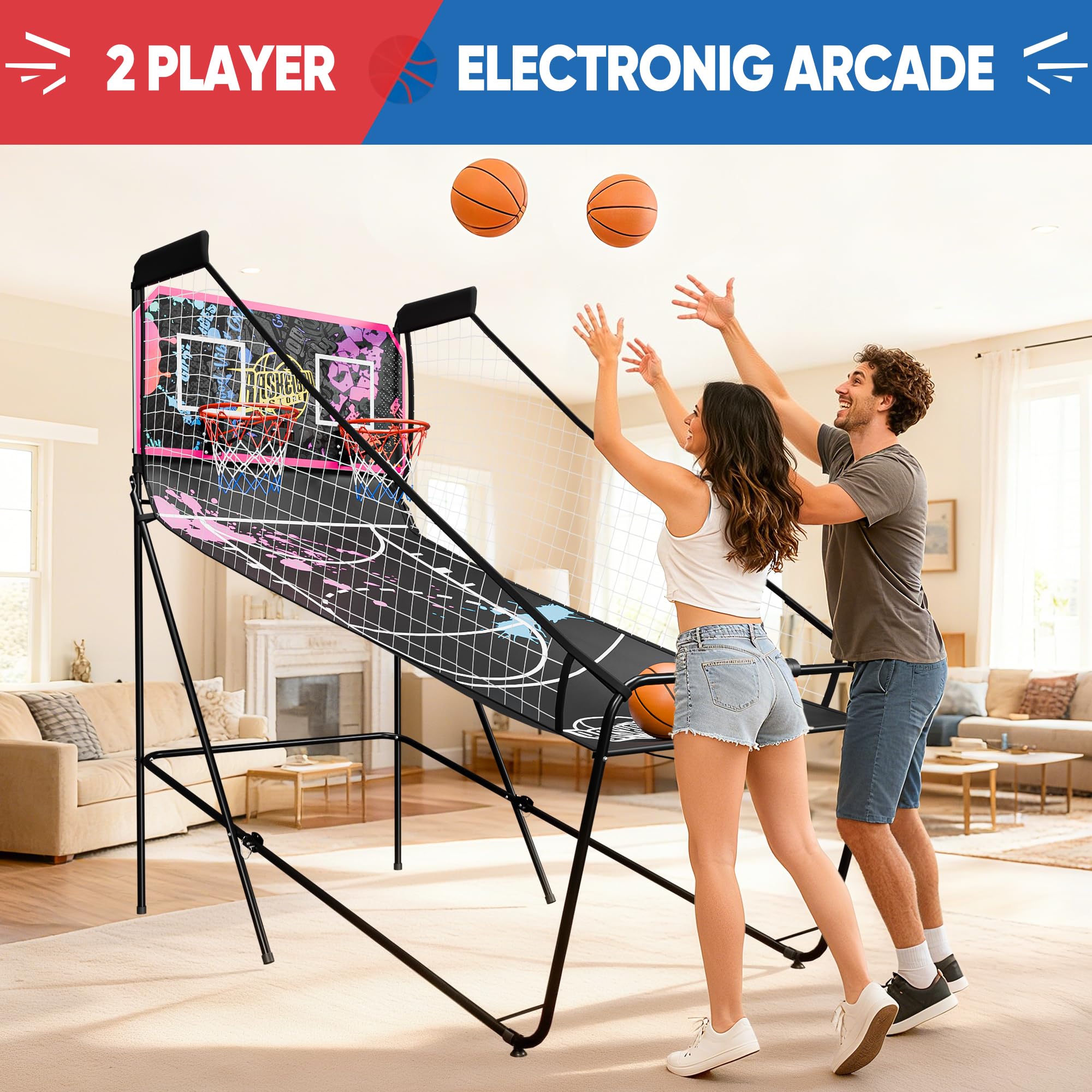 JupiterForce Foldable Indoor Basketball Arcade Game, Electronic Dual Shot Basketball Hoop Arcade Game Machine with 4 Balls and LED Scoring for 2 Players Home Play, Adults