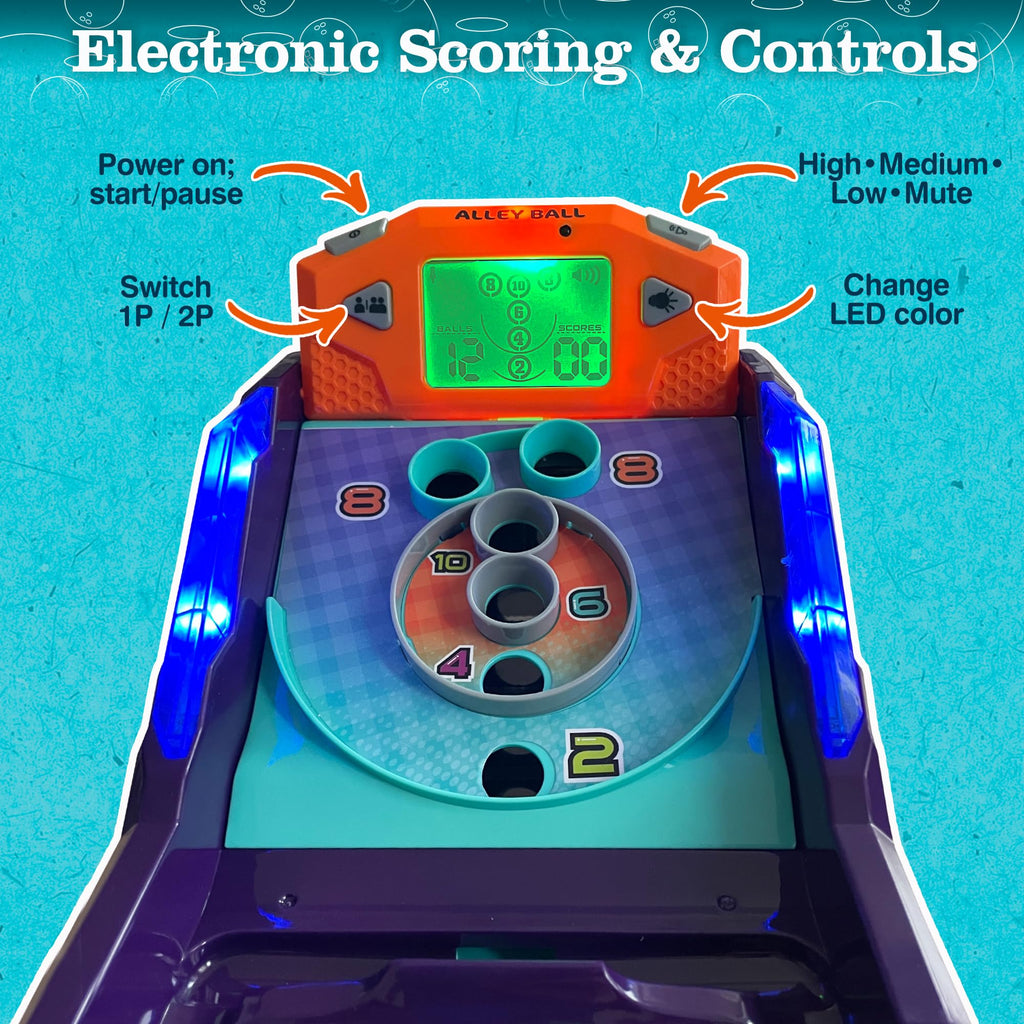 Bowling Game — Electronic Tabletop Arcade Game with LCD Auto Scoring, Lights & Sound, Spring-Loaded Launcher & 1-2 Player Modes — Mini Bowling Set for Kids