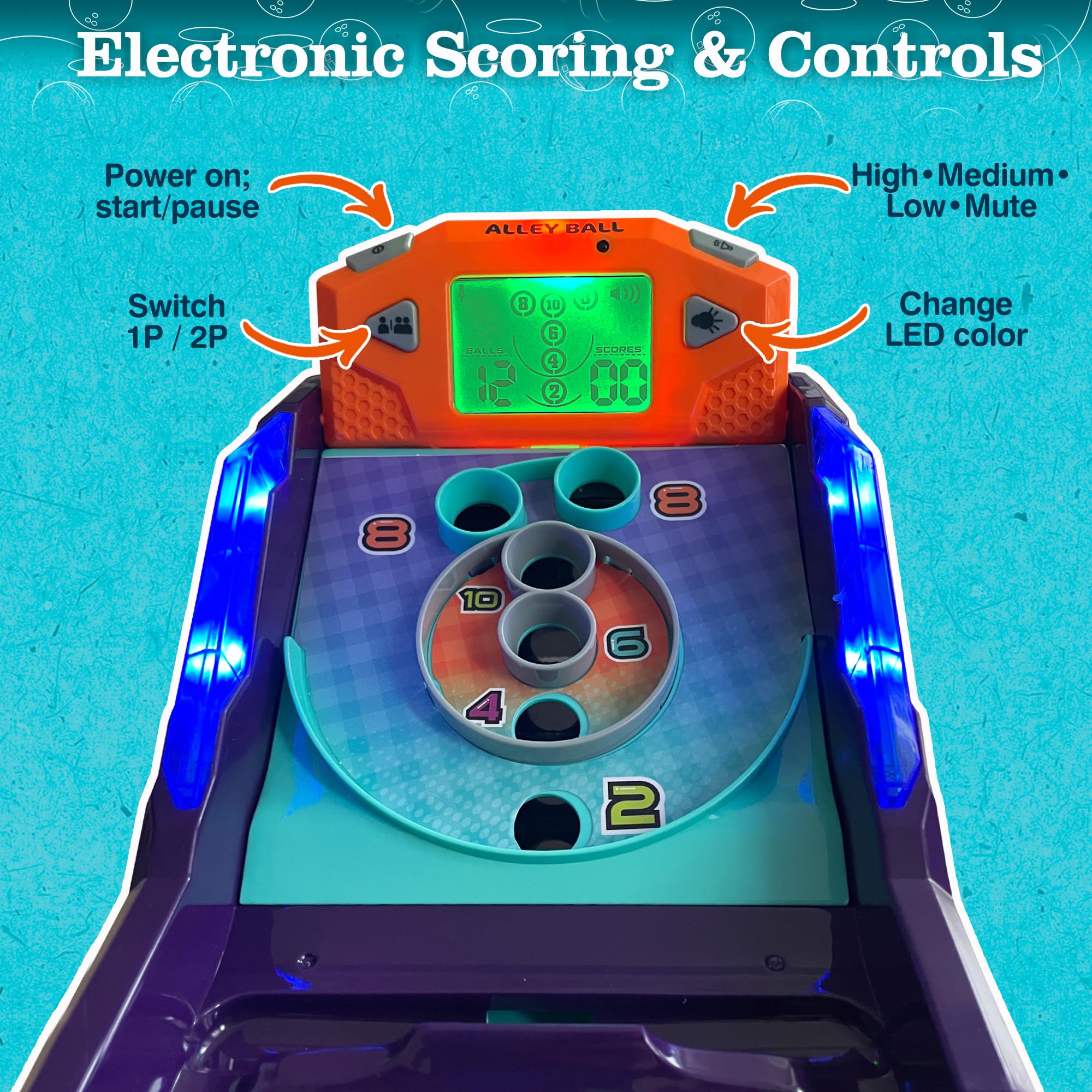 Bowling Game — Electronic Tabletop Arcade Game with LCD Auto Scoring, Lights & Sound, Spring-Loaded Launcher & 1-2 Player Modes — Mini Bowling Set for Kids