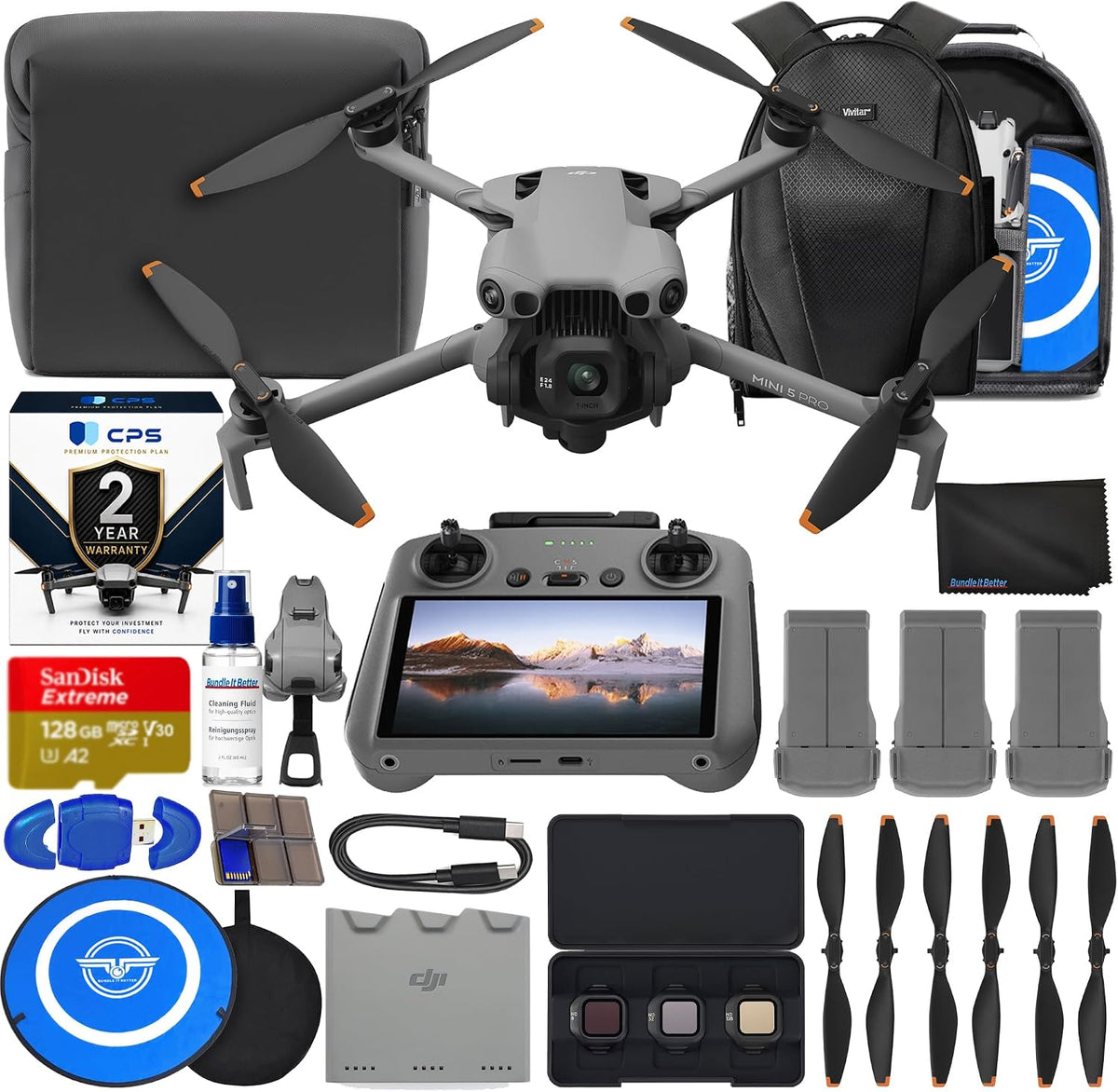 DJI Mini 5 Pro Drone Fly More Combo with RC 2 Controller Folding Drone with 4K Video, 36 Mins Flight Time, 3 Batteries Bundle with 128GB Memory, CPS 2 Year Warranty + Pilot Kit
