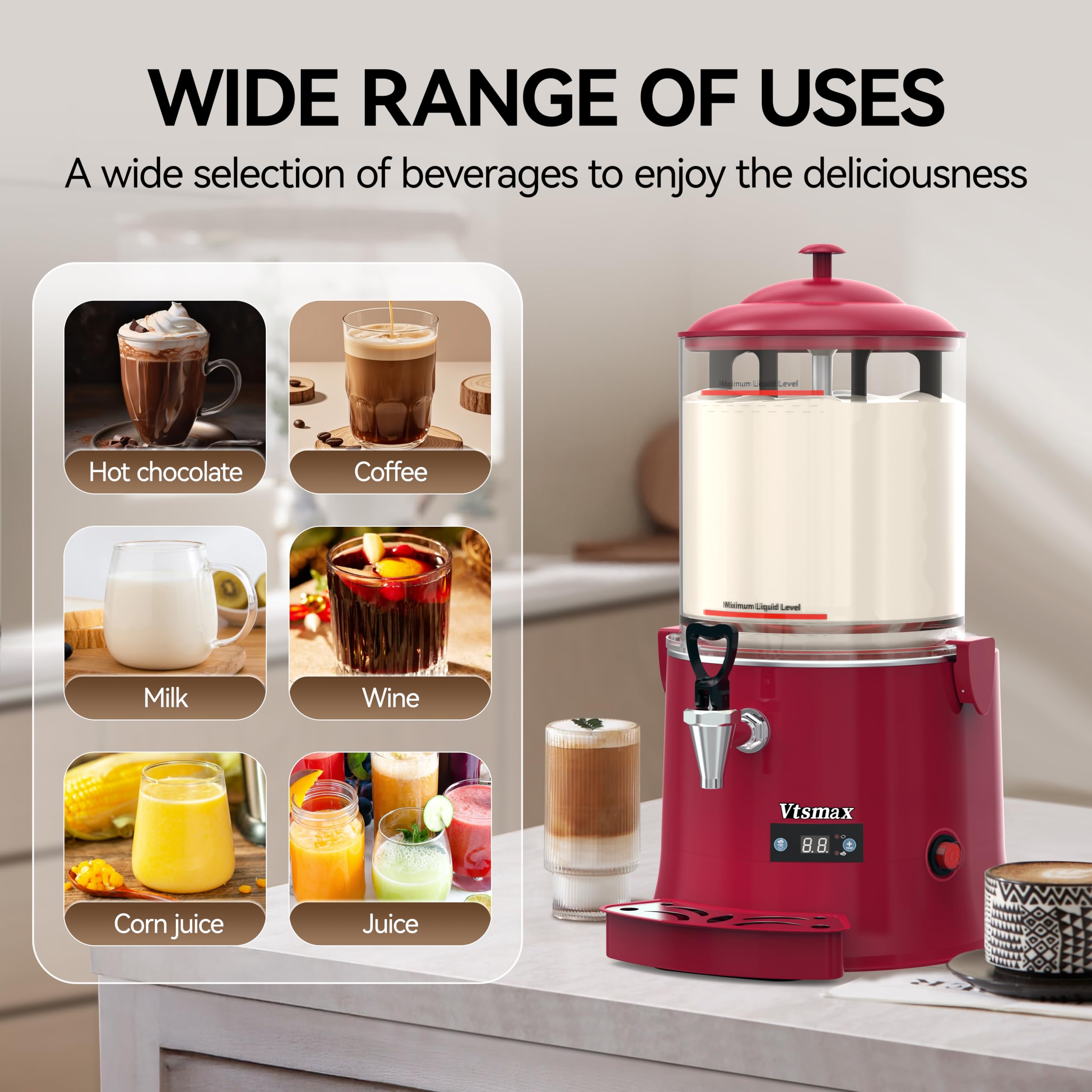 10L/2.6Gal Hot Chocolate Machine, Commercial Hot Drink Dispenser, 86–194°F Temperature Control Beverage Warmer with Stainless Steel Spout, Removable PC Bowl for Cocoa, Milk, Coffee, Red