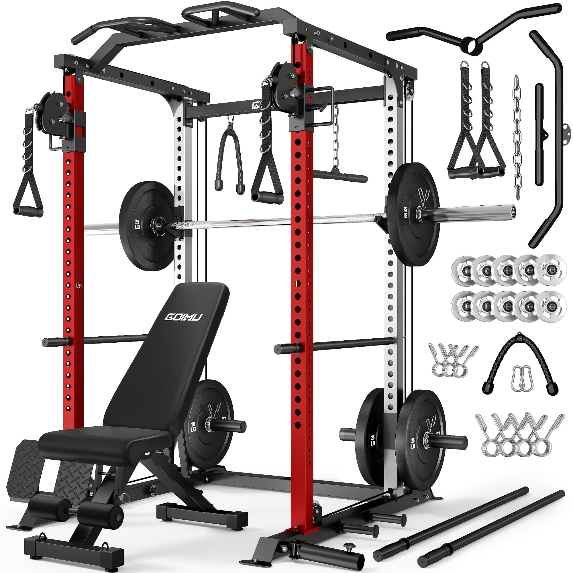 DP01 Power Cage, 2000LBS Squat Rack with with Cable Crossover and Dual Independent Pulley System, Full Cage for Full Body Training, Power Rack with More Training Attachments for Home Gym