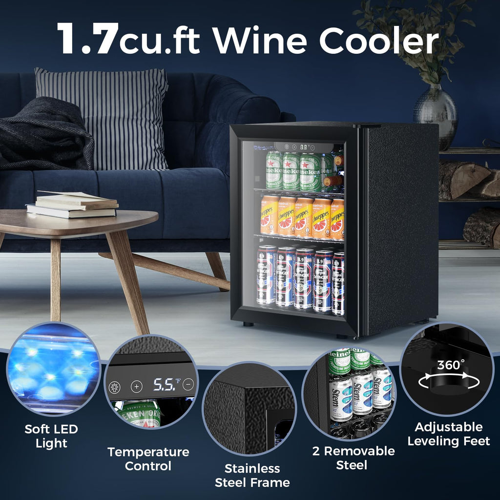 Electactic 50 Cans Beverage Refrigerator Cooler, 1.3 Cu.ft Mini Fridge Countertop Drink Cooler with Glass Door for Beer, Soda,Wine, Adjustable Digital Temperature Control for Home Dorm Bar, Black