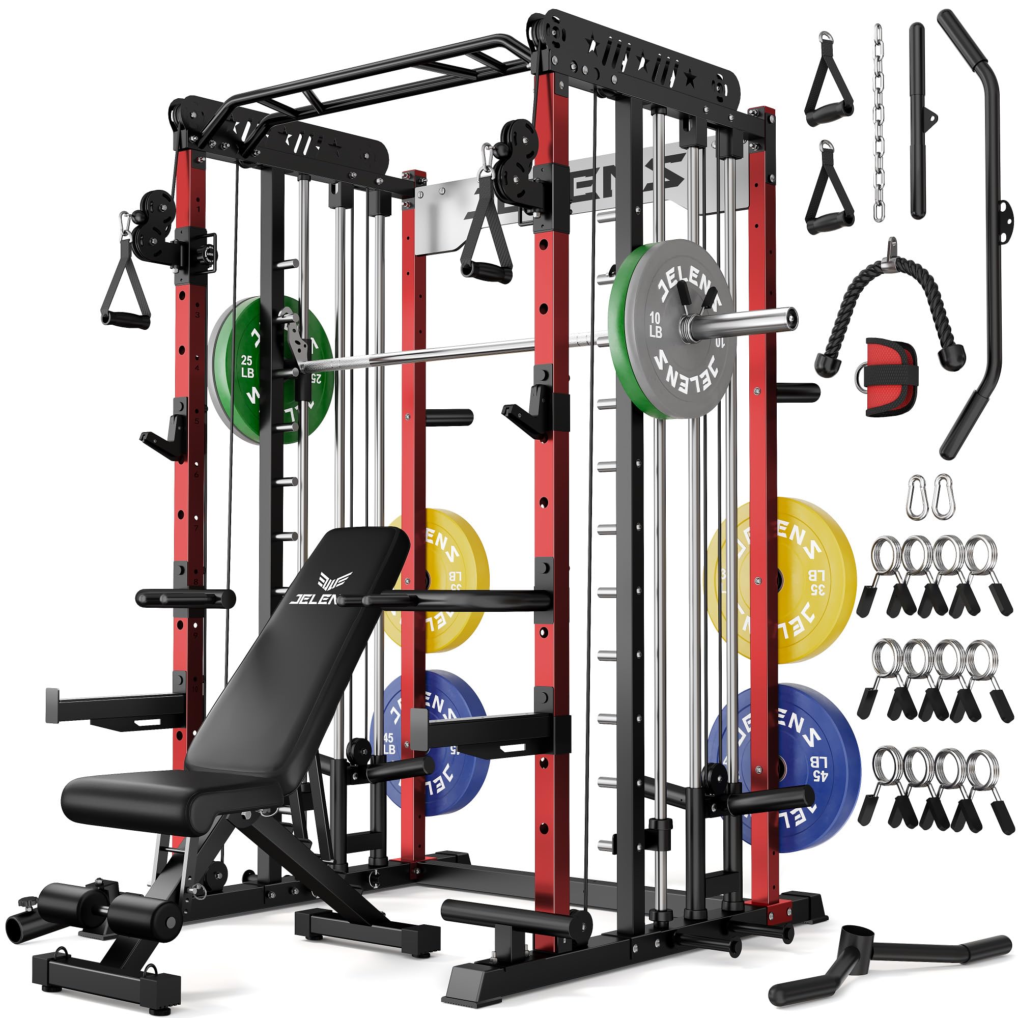 JELENS Smith Machine for Home Gym, Multi-Function M12 Power Cage with Cable Crossover System, Squat Rack with Smith Bar and More Attachment