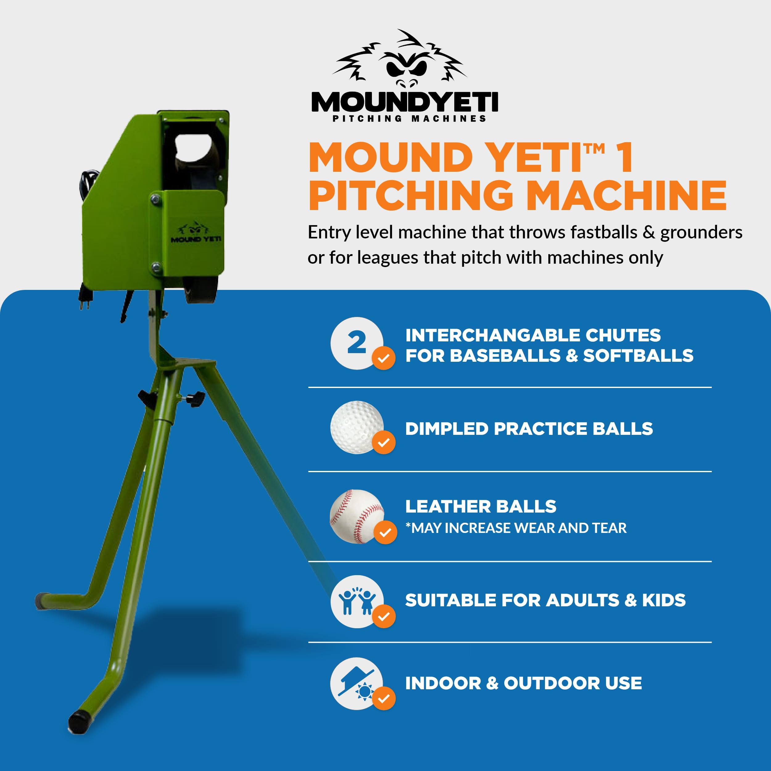 Mound Yeti Baseball Softball Pitching Machine, Youth and Adult Single Wheel Pitching Machine for Baseball and Softball, Training Equipment
