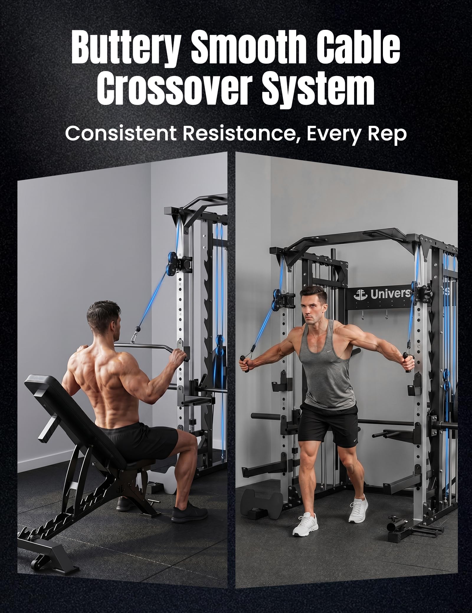 Unive Fitness Smith Machine, Commercial-Grade All-in-One Home Gym Power Cage with Squat Rack, Dual Cable Crossover & Pulley System, Complete Attachments for Full Body Workouts