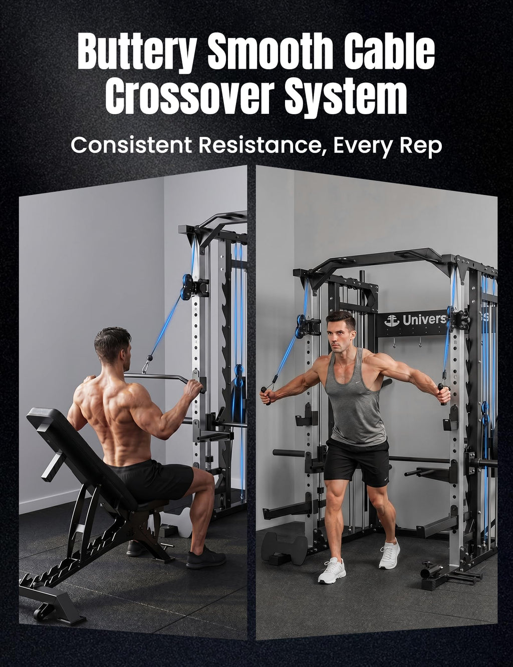 Unive Fitness Smith Machine, Commercial-Grade All-in-One Home Gym Power Cage with Squat Rack, Dual Cable Crossover & Pulley System, Complete Attachments for Full Body Workouts